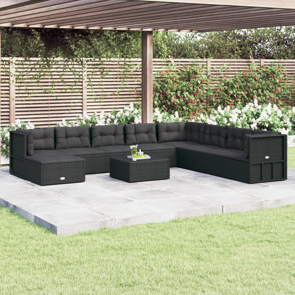 Anself 9 Piece Patio Set with Cushions Black Poly Rattan