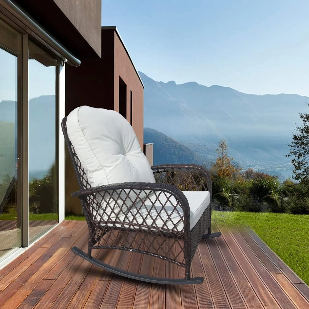 JYHOME Outdoor Wicker Rocking Chair  Rattan Patio Rocker Chair with Cushion  Garden Rattan Sofa All-Weather Patio Rocker Chairs Weight Capacity 330lbs - Brown with White Cushion