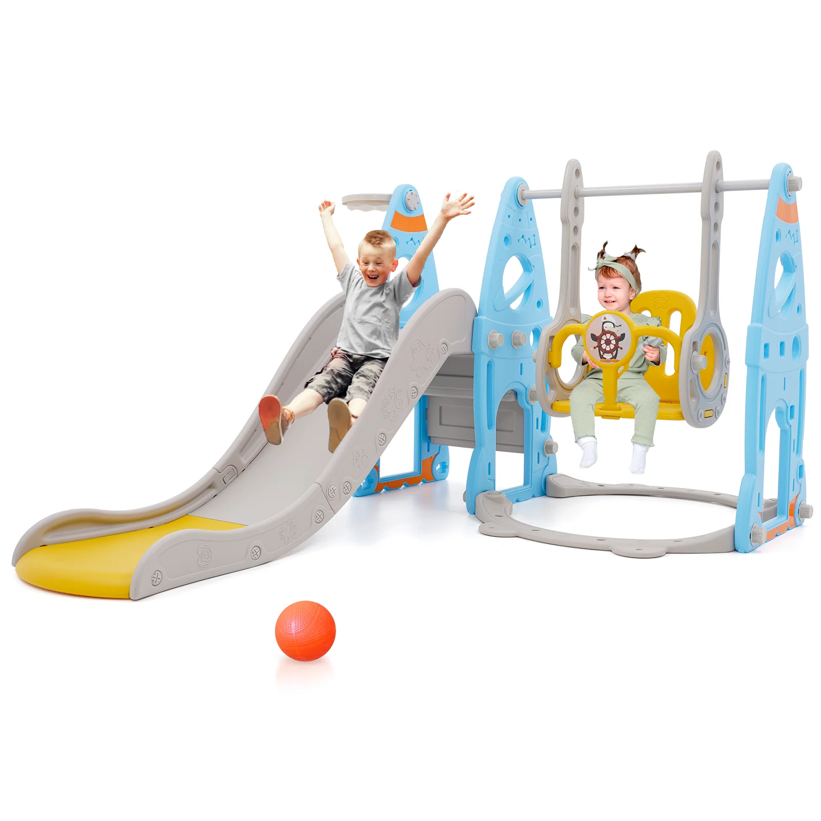 Toddler Slide and Swing Set 4 in 1 Toddler Playground with Swing Slide Climber and Basketball Baby Slide for Boys and Girls Backyard Playsets for Kids Indoor and Outdoor Blue
