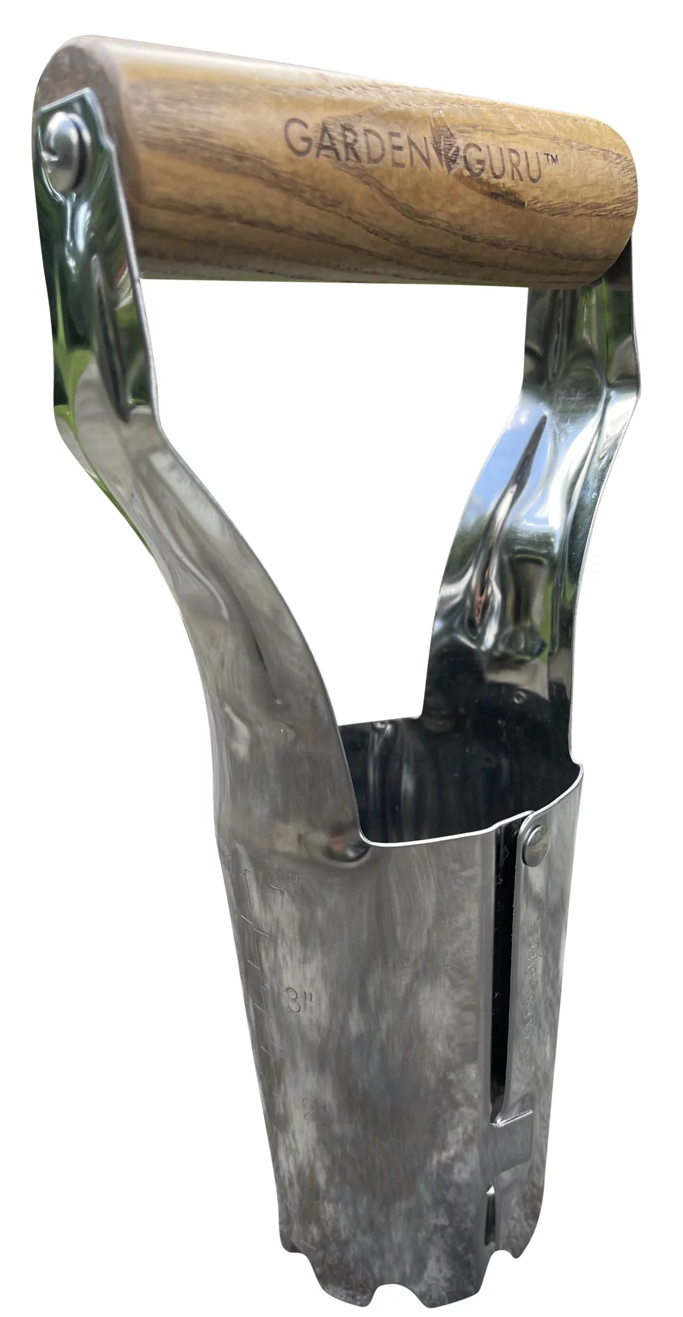 Garden Guru Stainless Steel Bulb Planter Tool for Planting Bulbs, Stainless Steel & Comfortable Wood Carved Handle with Depth Marker