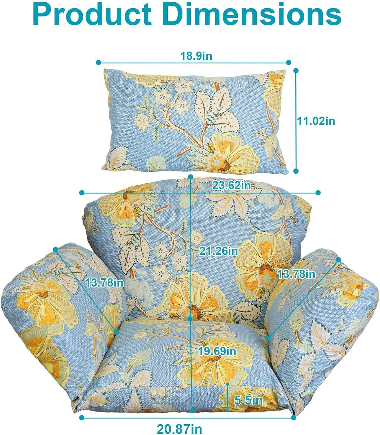 Egg Chair Cushion Hanging Basket Seat Cushion 49in Thicken Soft Egg Swing Chair Pad Hanging Egg Chair Cushion with Headrest for Backyard/Garden/Outdoor(Blue_YellowLeaf)