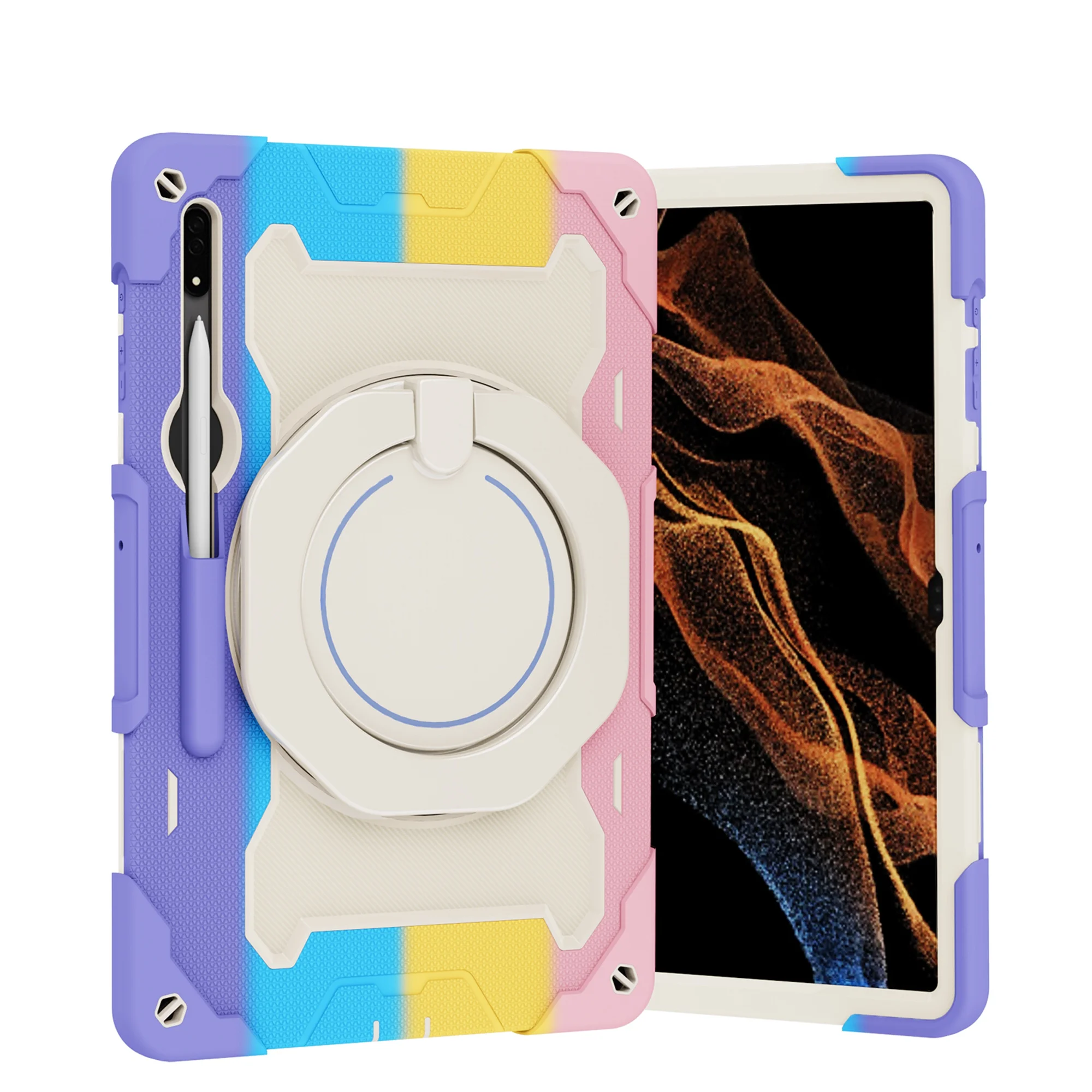 Dteck Case for Samsung Galaxy Tab S9 Ultra 14.6 Inch 2023,Heavy Duty Military Grade Drop-Proof Hybrid Silicone Protective Case with Pencil Holder Roating Handle Grip Kickstand,Rainbow Pink