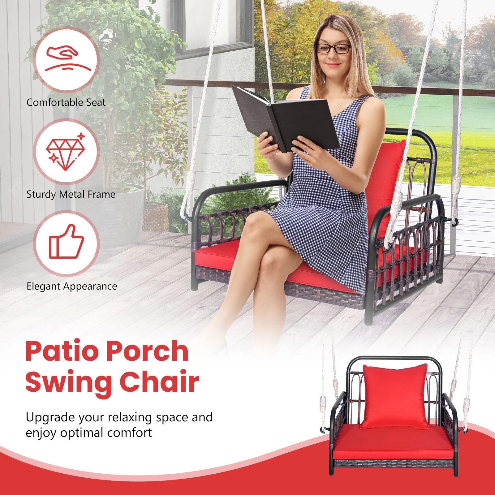 Patio Hanging Rattan Basket Chair Swing Hammock Chair with Seat Cushion