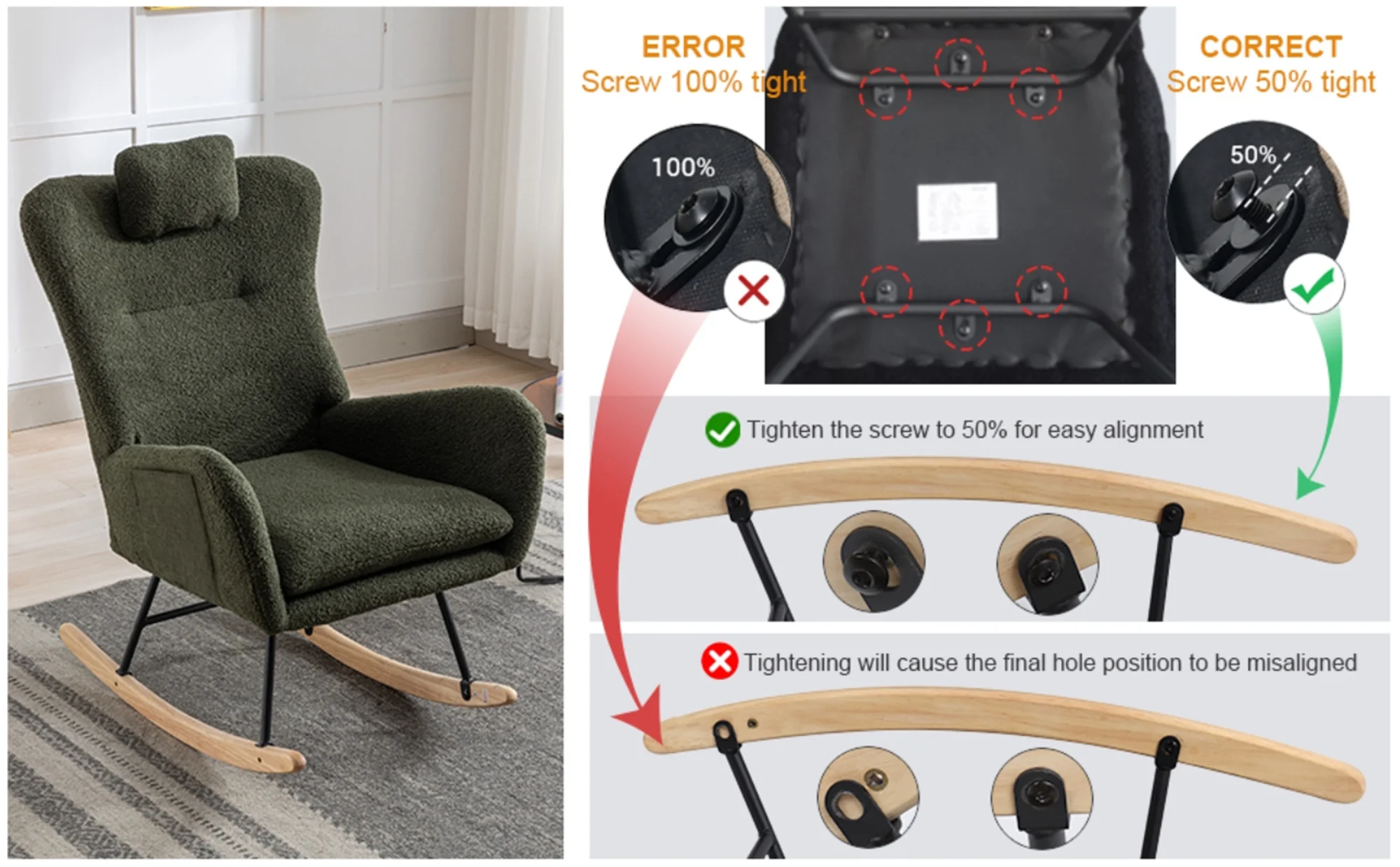 Cozy Dark Green 35.5 Inch Rocking Chair with Convenient Pocket  Plush Teddy Fabric Rocking Chair for Nursery  Relaxing Wingback Glider Rocker with Sturdy Solid Wood Base for Living Room B
