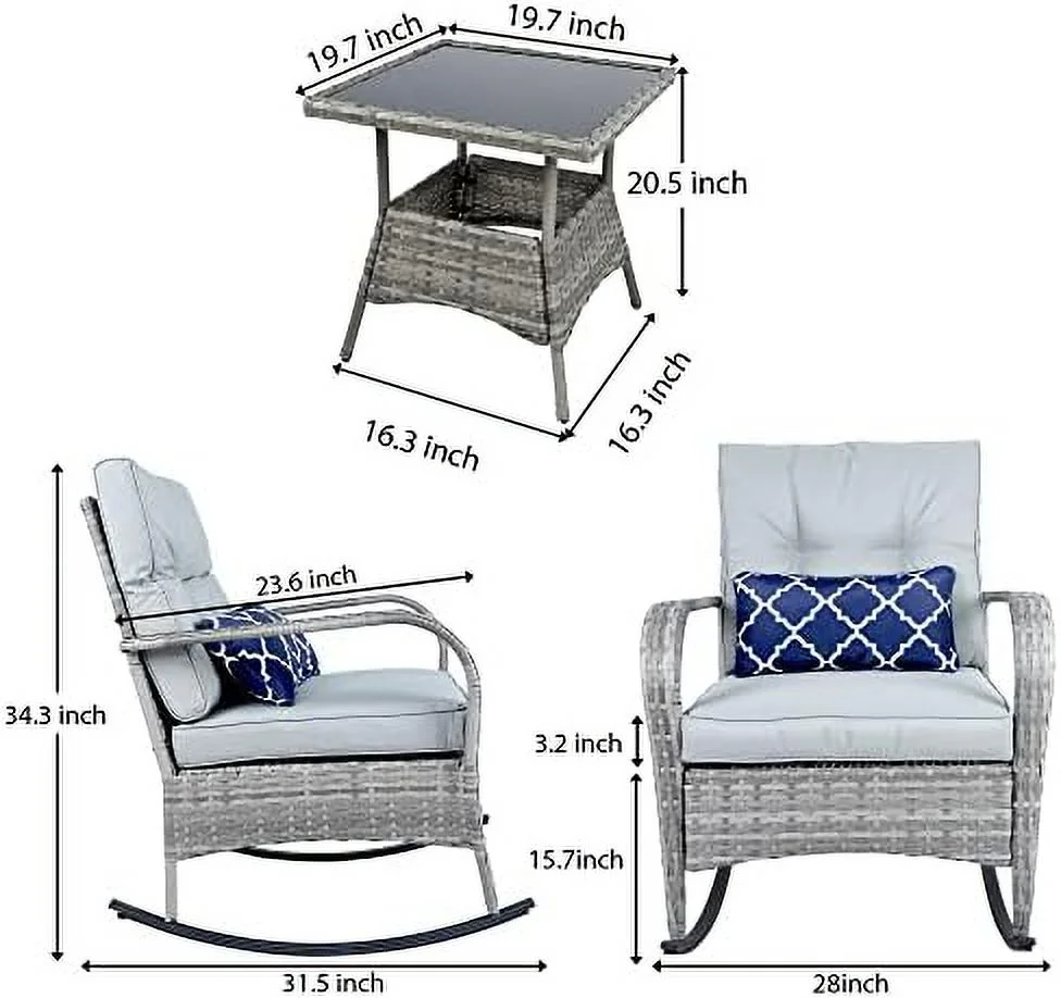 LNSETGC 3-Piece Outdoor Rocking Chairs ， Wicker Patio  Modern Rattan Chair Conversation with Cushions & Glass Table for Garden Backyard  Bistro(Grey)