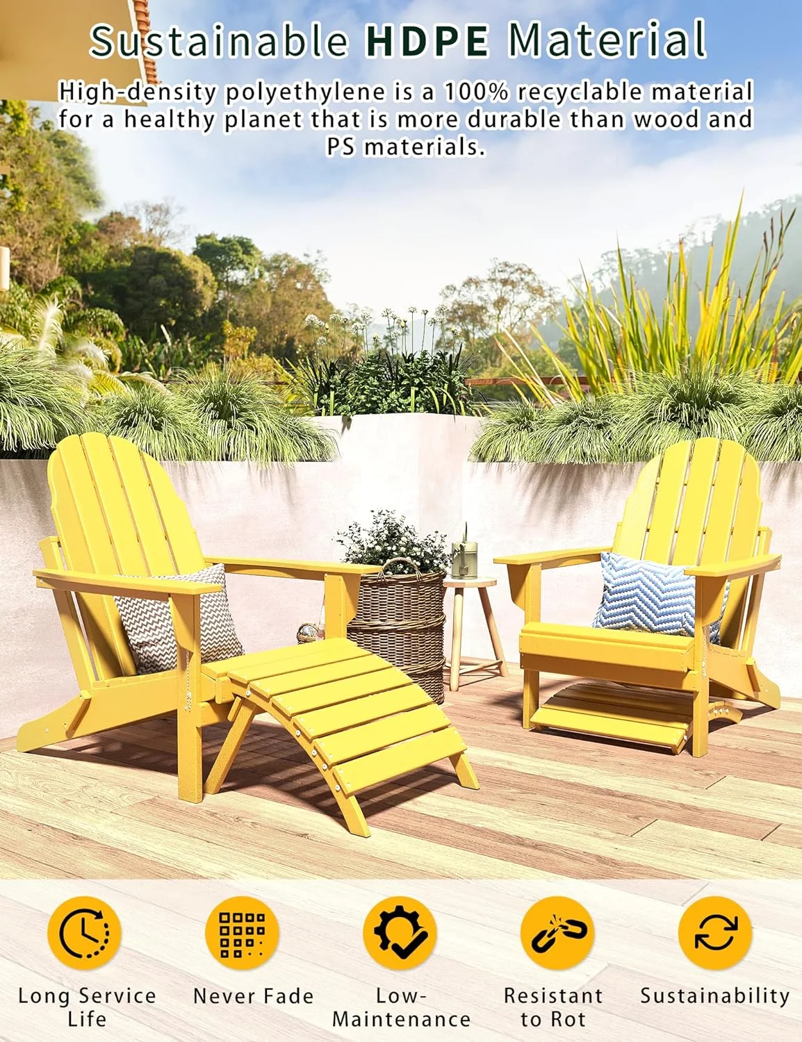 Folding Adirondack Ottoman for Adirondack Chair, HDPE All Weather Outdoor Footrest Poly Lumber Adirondack Footstool for Patio, Backyard, Garden, Easily Storage - Yellow