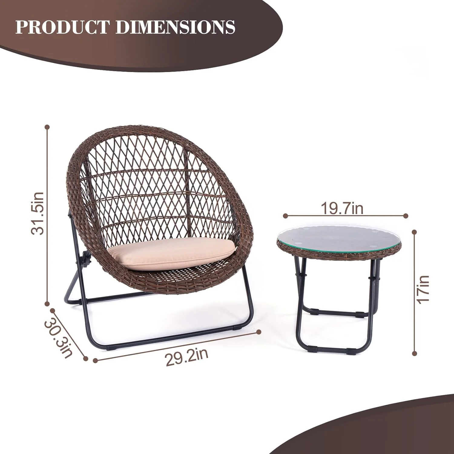 YANRUI 3 Pc 3 Piece Folding Outdoor Bistro, Wicker Furniture Table and Chairs for Garden, Backyard, Porch, Patio Conversation Set, Tan/Black