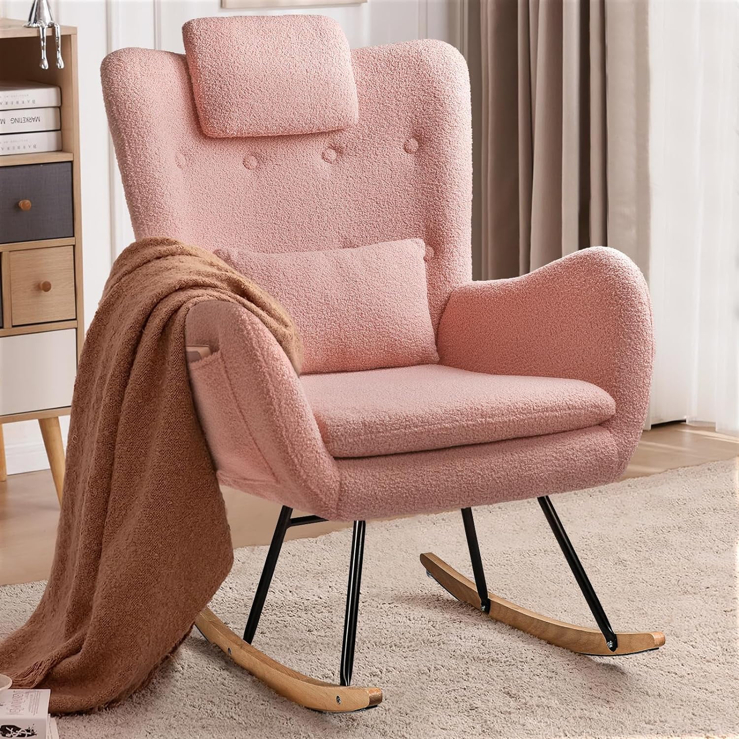 HBROLJF Rocking Chair Nursery Rocker Teddy Upholstered Rocking Chair Indoor with High Backrest Rocking  Chair  Padded Seat Nursing Chair with Headrest