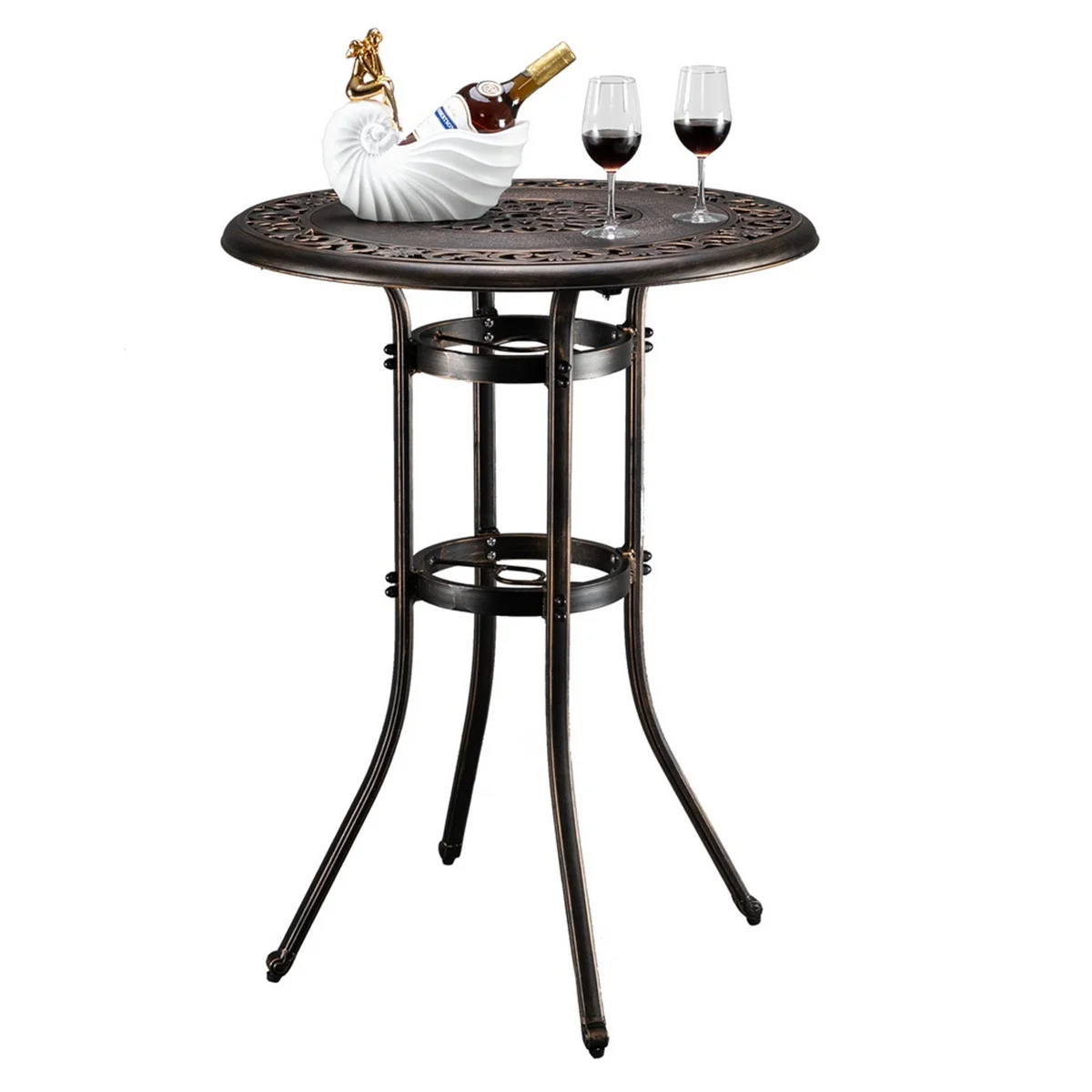 Round Cast Aluminum Dining Table Outdoor Patio Retro Bistro Dining Table with Umbrella Hole