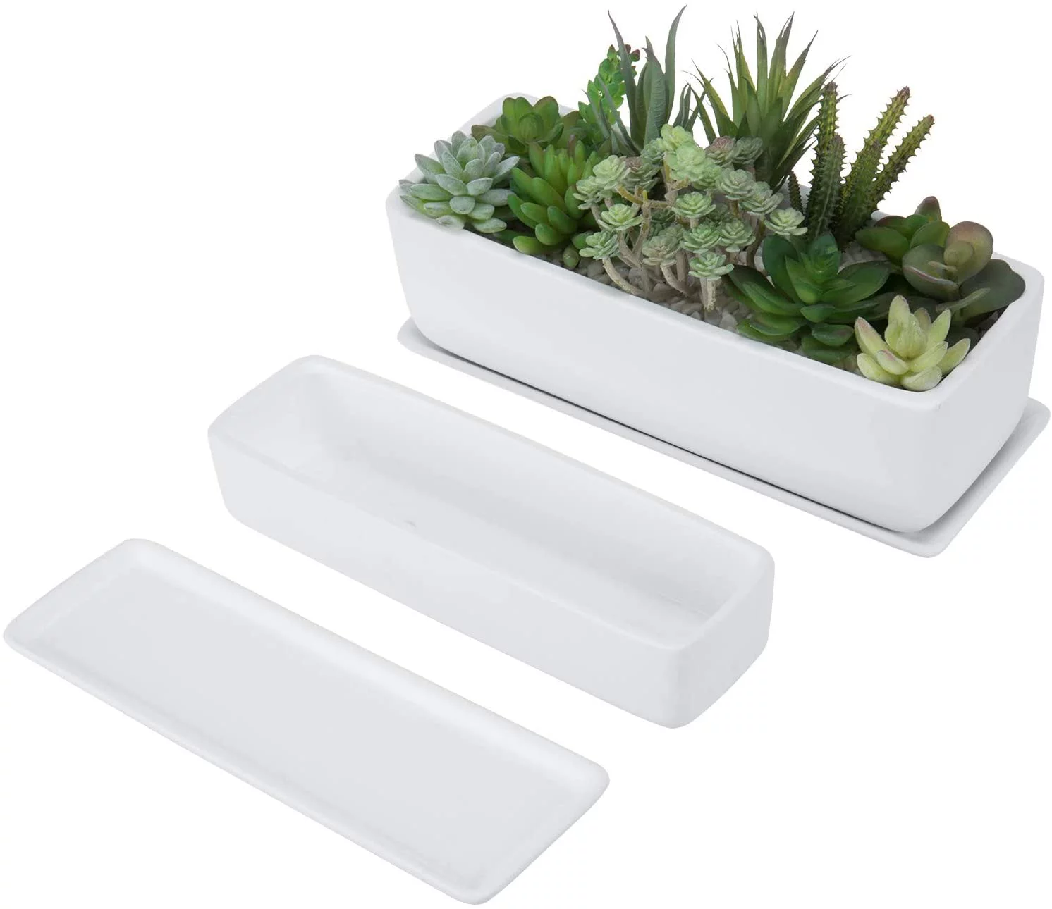 MyGift 2 Piece Modern Rectangular Ceramic Planter with Removable Saucer, Matte White