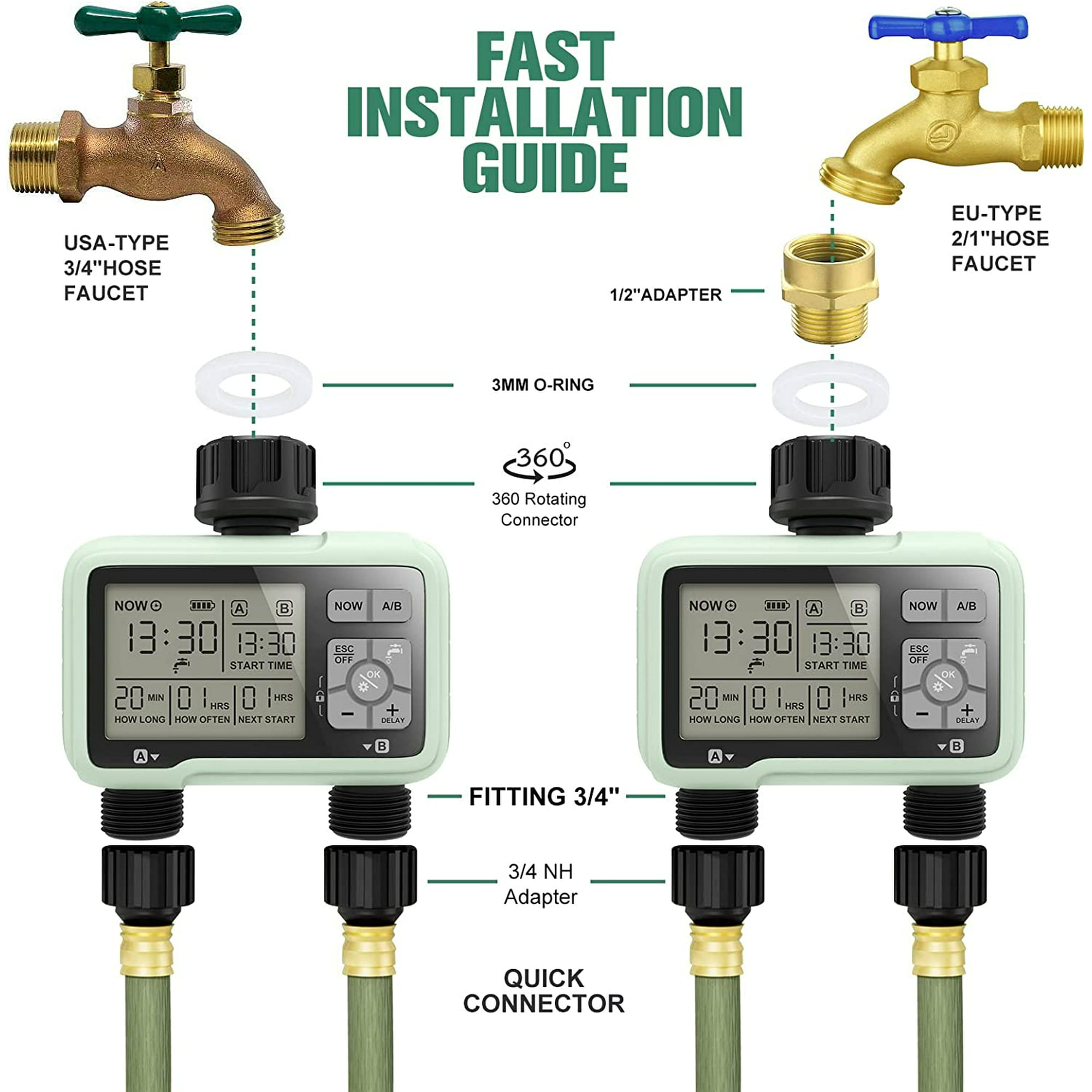 Metal joint large screen double automatic watering device,Sprinkler Timer 2 Zone Water Timer Sprinklers for Yard Outdoor Faucet, Automatic Irrigation System with Rain Delay/Manual/Child Lock, Drip Irr