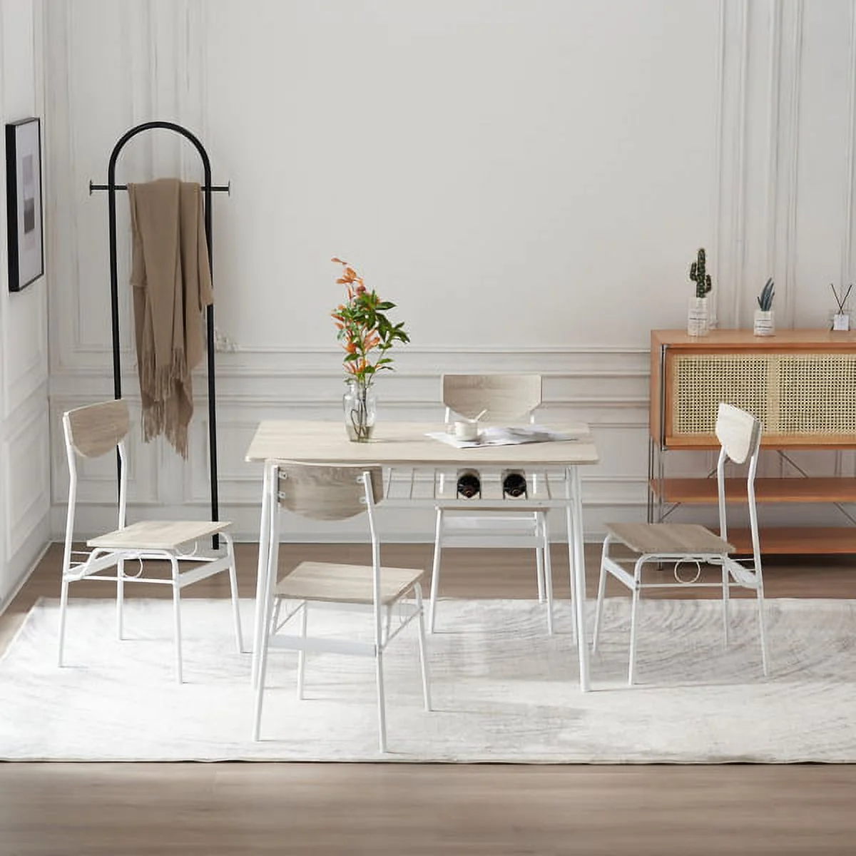 Fithood Rectangular Disassembly and Assembly P2 Board Iron Compartment 1 Table 4 Chairs Dining Table and Chair Set Brown Butternut