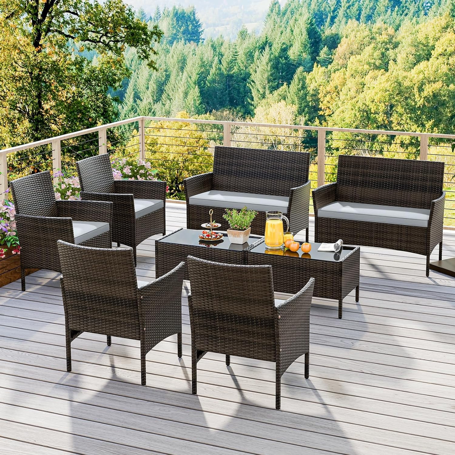 Dina 4 Piece Patio Furniture Set  Outdoor Rattan Conversation Set with Loveseat  Wicker Chairs  Tempered Glass Coffee Table  Wicker Patio Set for Backyard  Porch (Grey)