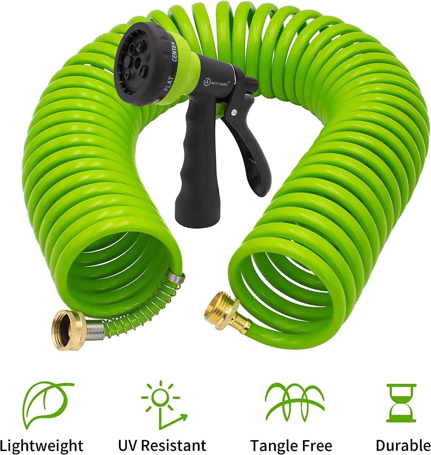 Recoil Garden Water Hose 50 ft, EVA Curly Water Hose with Brass Connectors, Garden Hose Coil,Includes 7-Pattern Function Sprayer,Retractable,Corrosion Resistant Garden Coil Hose.Green