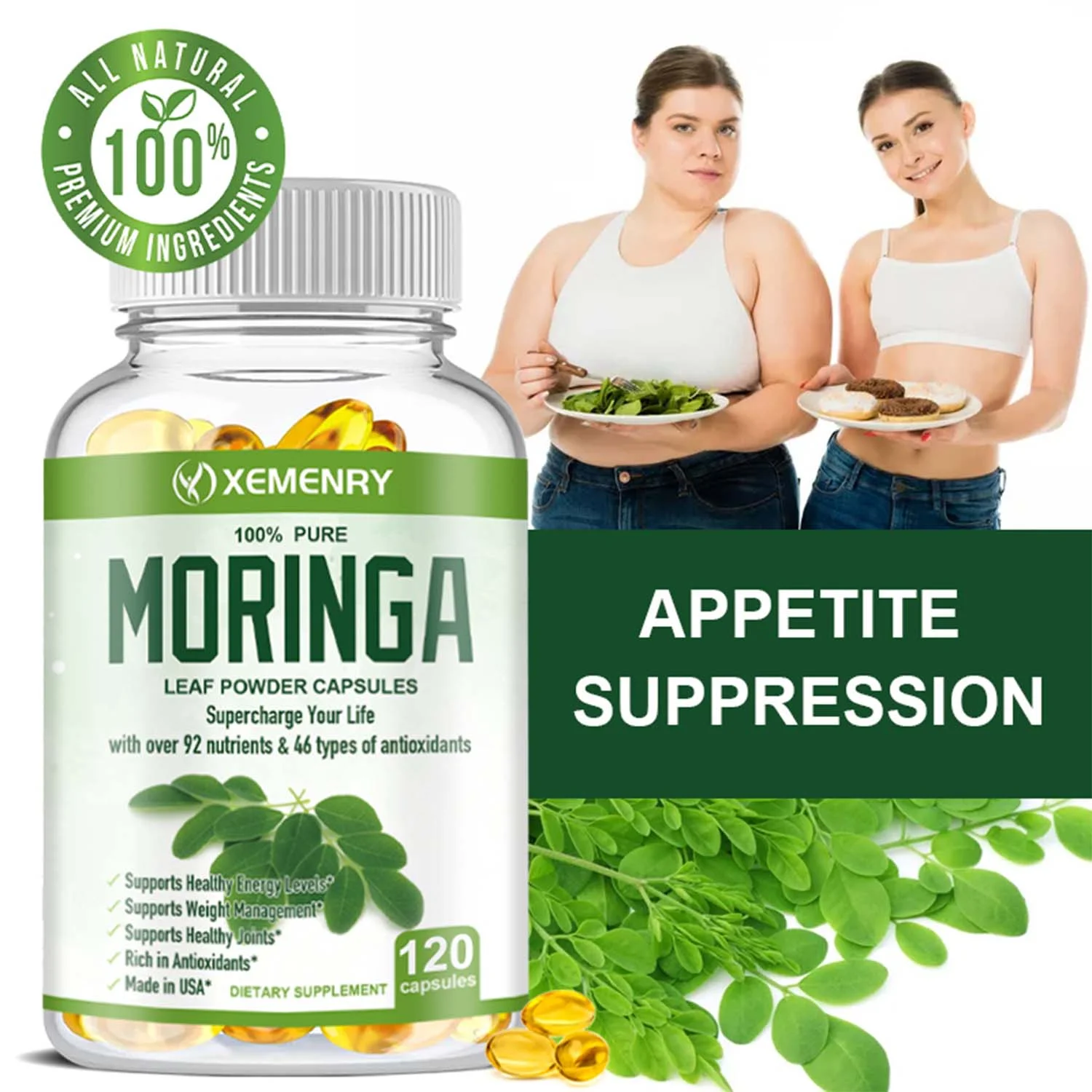 Xemenry Moringa 1000mg -100% Pure Natural Green Superfood, Energy Booster, Antioxidant(30/60/120pcs)