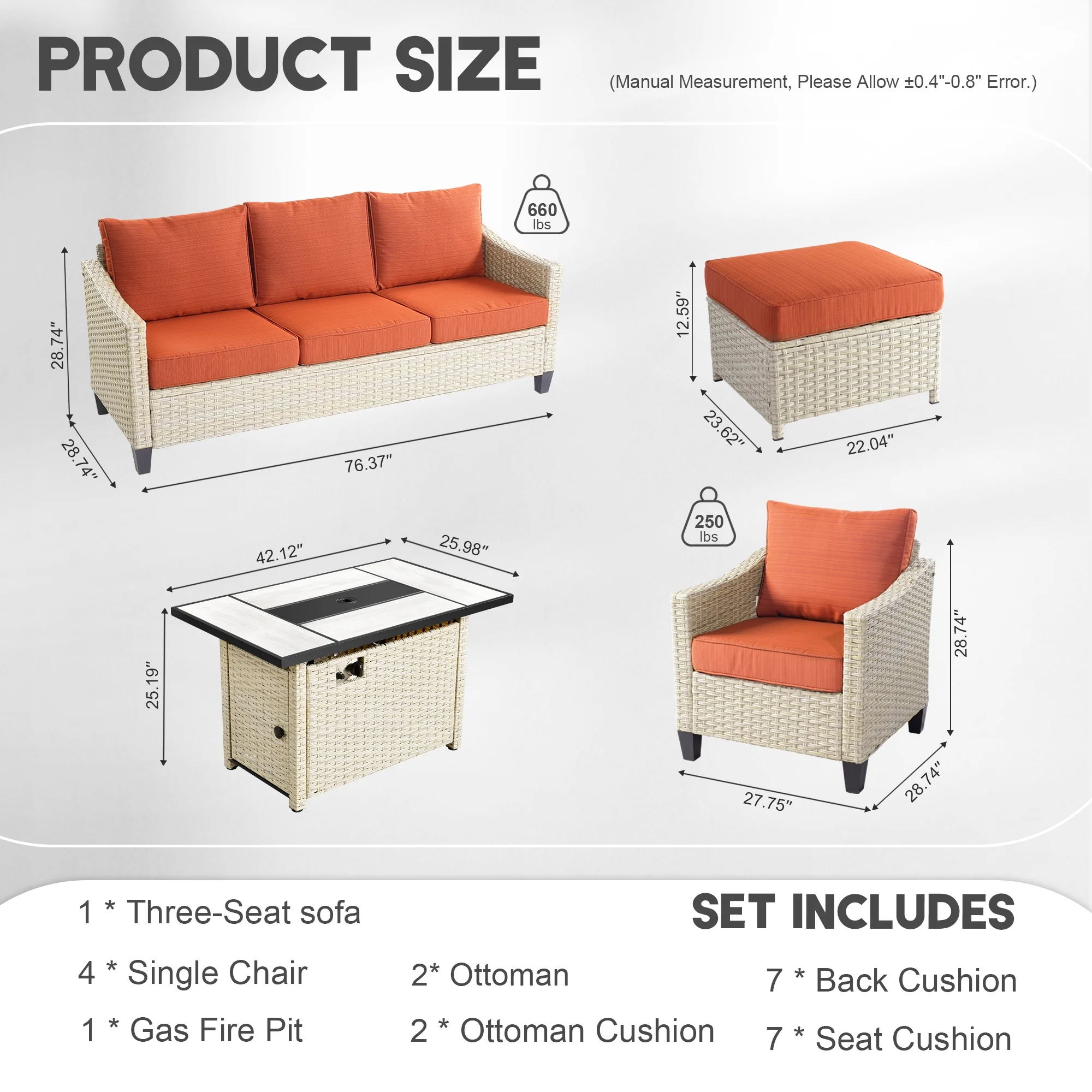 Vcatnet 8 Pieces Outdoor Patio Furniture Sectional Sofa Conversation Set with Cushions and Fire Pit Table for Garden,Poolside,Orange red