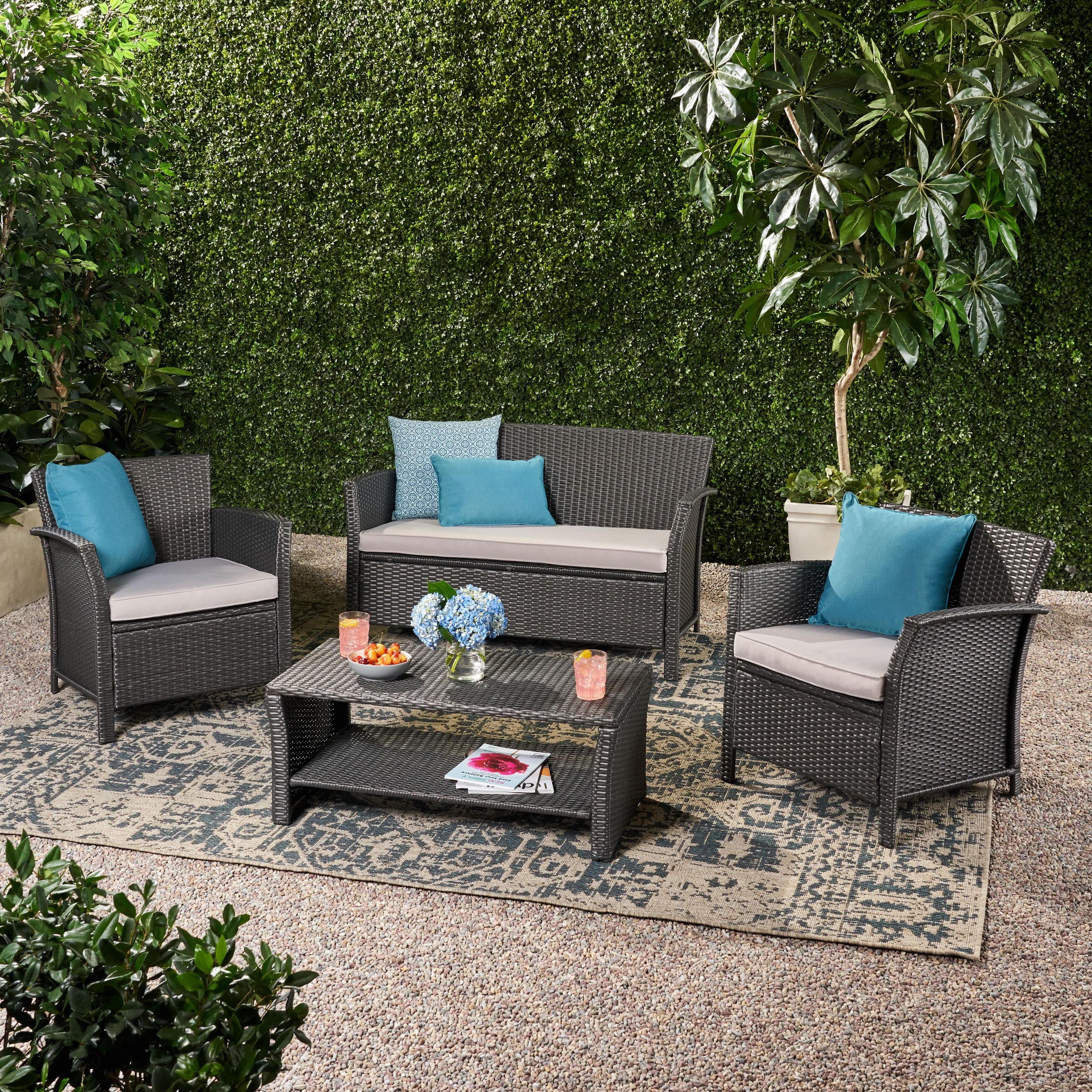 Outdoor 4 Piece Wicker Chat Set with Cushions, Grey & Silver