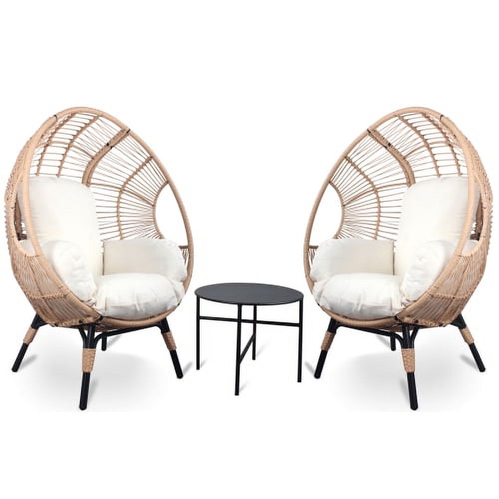 Buumin 3 Pieces Patio Egg Chairs (Model 2) with Side Table Set,Natural Color PE Rattan and Beige Cushion