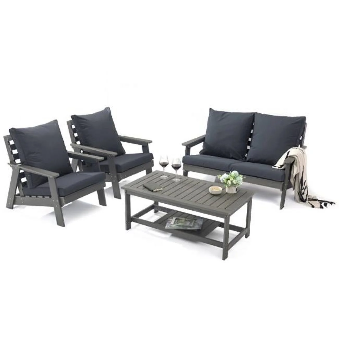 Alpine Poly Lumber Weather Resistant Patio Conversation Set, Charcoal - 4 Piece