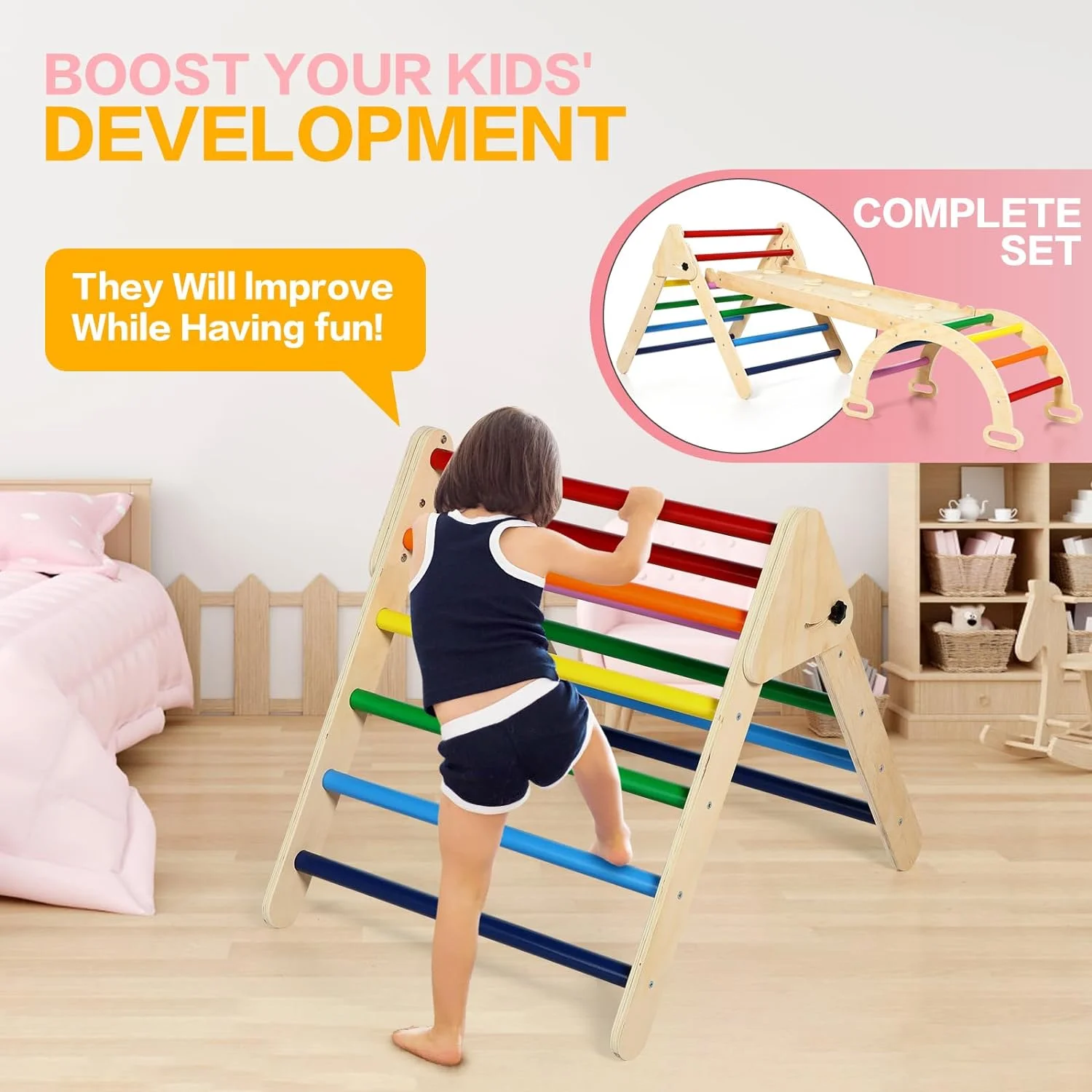 YOUB 5 in 1 Rainbow Climbing Toys for Toddlers - Foldable Climbing Triangle,Arch Climber, Climp Ramp - Montessori Toys for Babies Kids Climbing Toys Indoor & Outdoor - Girls & Boys Gift