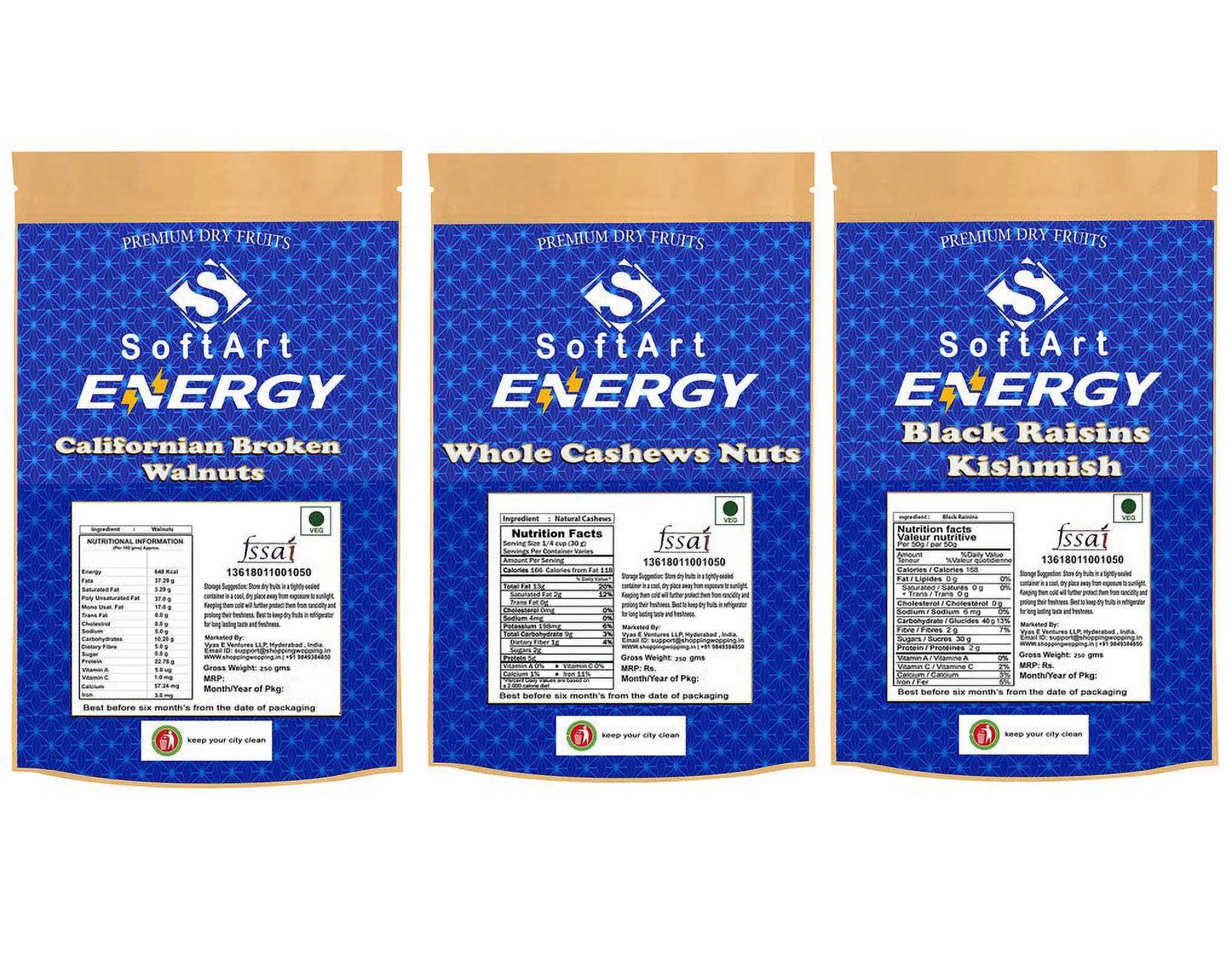 Softart Energy Californian Broken Walnuts, Whole Cashews Nuts & Black Kishmish (Black Raisins) (250G Each) Vacuum Pack
