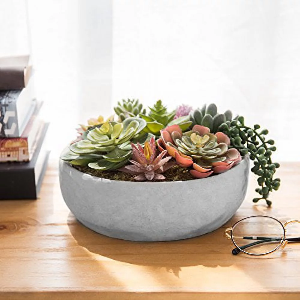 MyGift 8 inch Artificial Succulent Arrangement in Round Modern Concrete Pot, Gray
