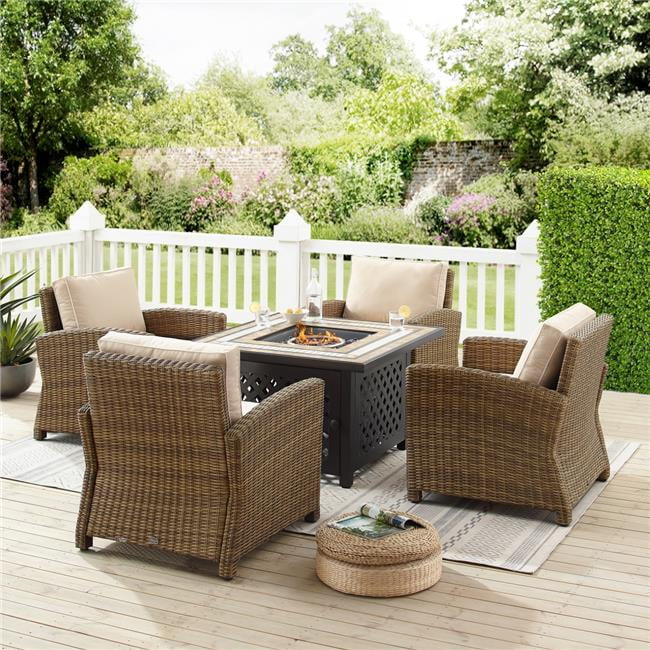Bradenton Outdoor Wicker Conversation Set with Fire Table, Sand - 5 Piece