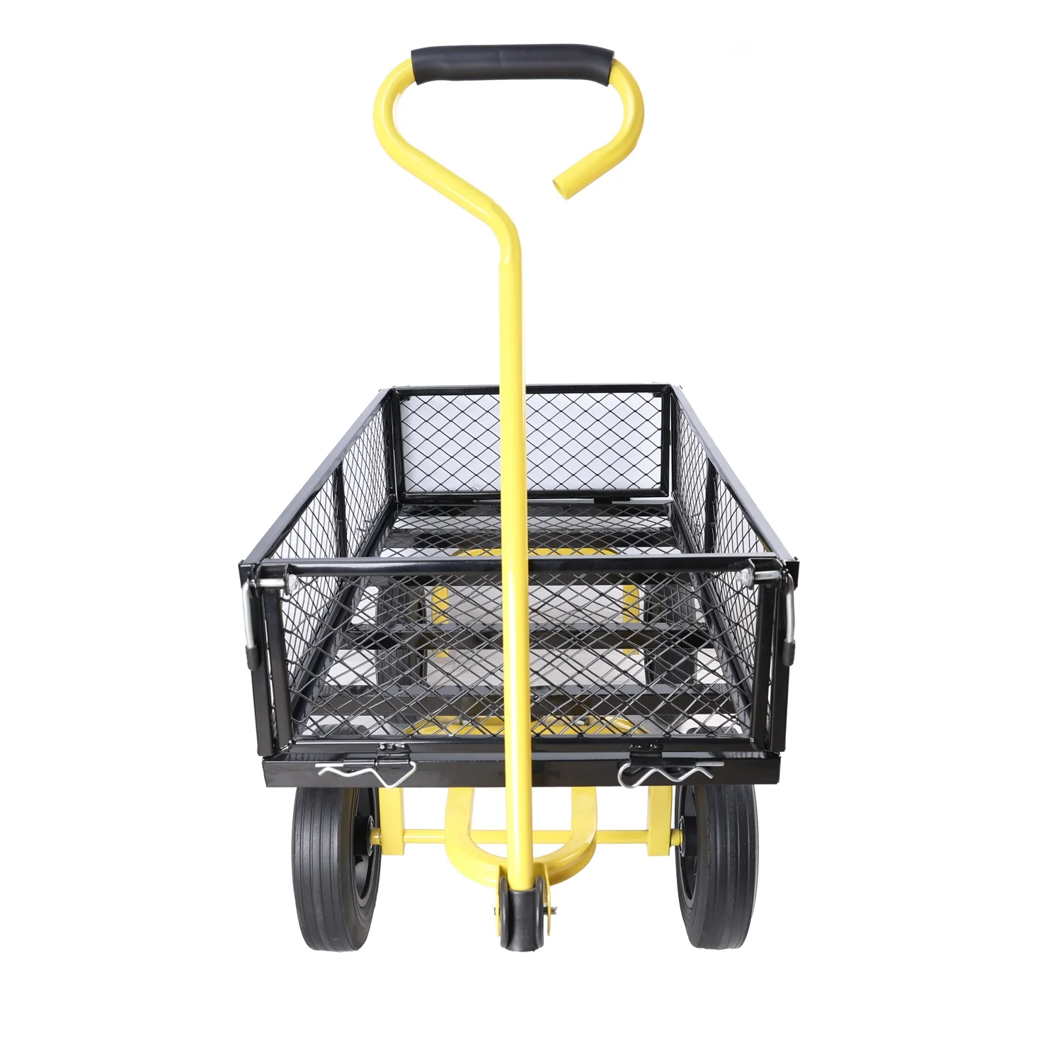 Easy transportation of firewood made simple with this durable and reliable Black and Yellow Solid Wheels Garden Cart Trucks. Upgrade your tools cart with this sturdy wagon cart designed f
