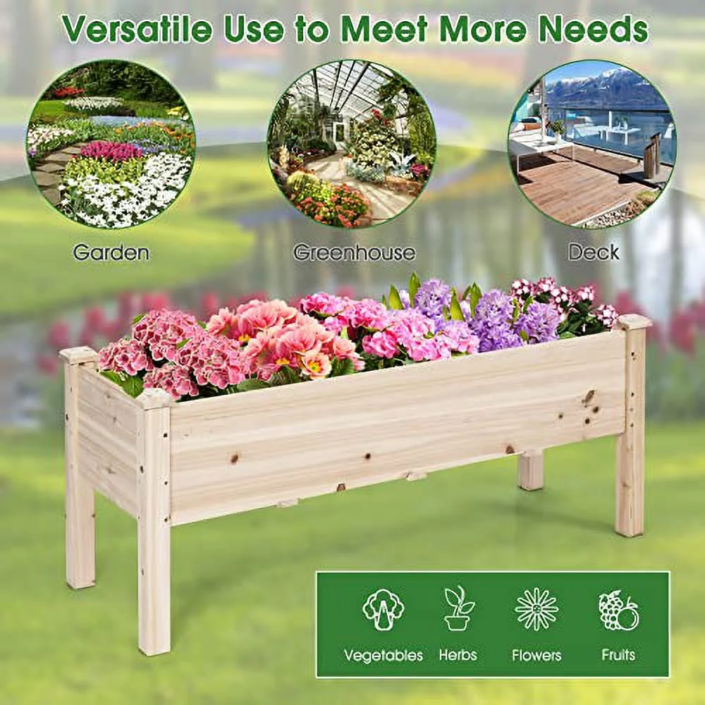 HAPPYGRILL Wooden Raised Garden Bed Elevated Planter Box with 5 Drainage Holes, Standing Growing Bed Plant Container for Yard Greenhouse Deck