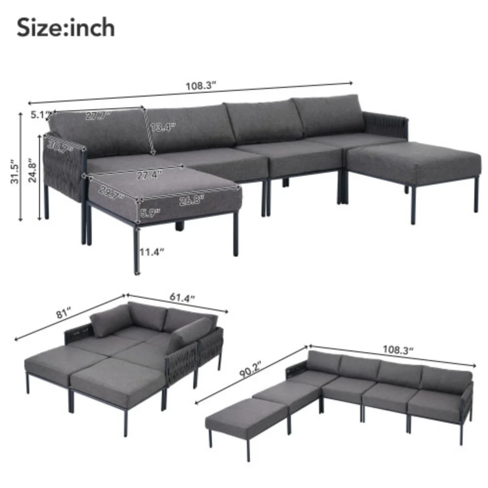 GO 6-Pieces Aluminum Patio Furniture Set, Modern Metal Outdoor Conversation Set Sectional Sofa With Removable Olefin Extra Thick Cushions 5.9