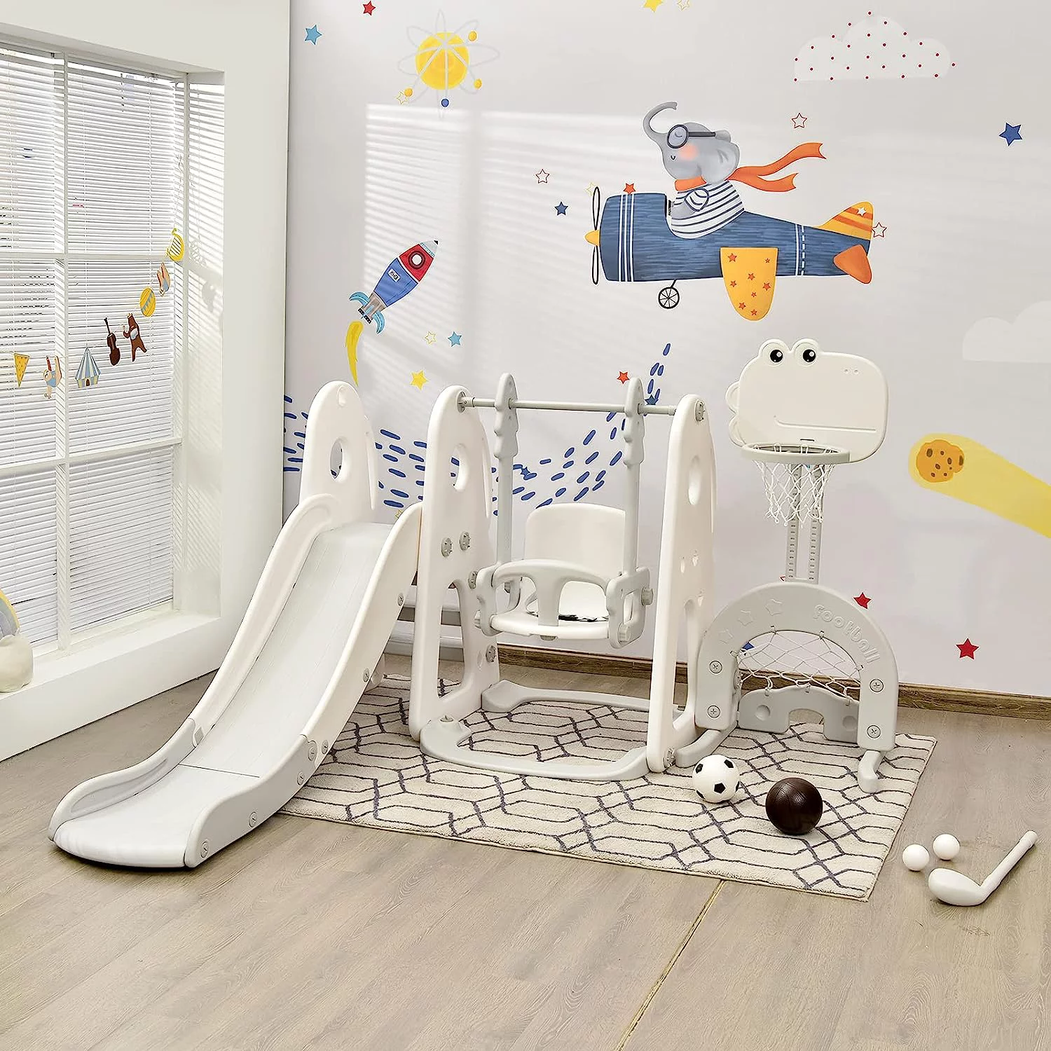 6 in 1 Toddler Swing and Slide Set, Kids Large Climber Slide Playset with Basketball Hoop, Football Gate and Golf Hole, Playground Swing Set for Indoor Outdoor Backyard 3-10 Gifts Presents