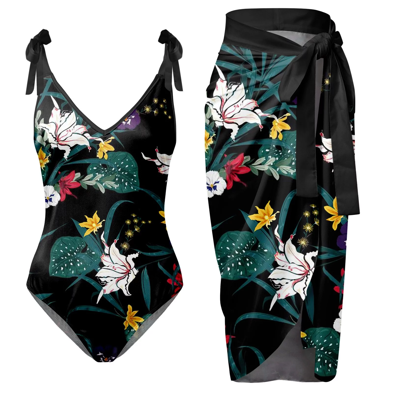 Summer Mini Skirt Womens V Neck Flower Printed Swimsuit Apron Skirt Bikini Sets Skirting Board Buddy Pads