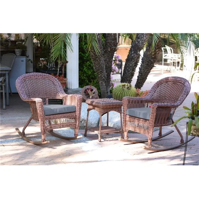 W00205R-C-2-RCES033 Honey Rocker Wicker Chair Set with Steel Blue Cushion - 3 Piece