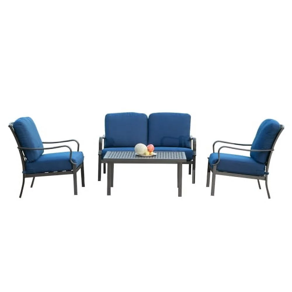 Buumin Outdoor 4 pcs Patio Conversation Set, Metal Dining Table and Chairs Dining Set with Removable Navy Blue Cushions for Garden Lawn Yard