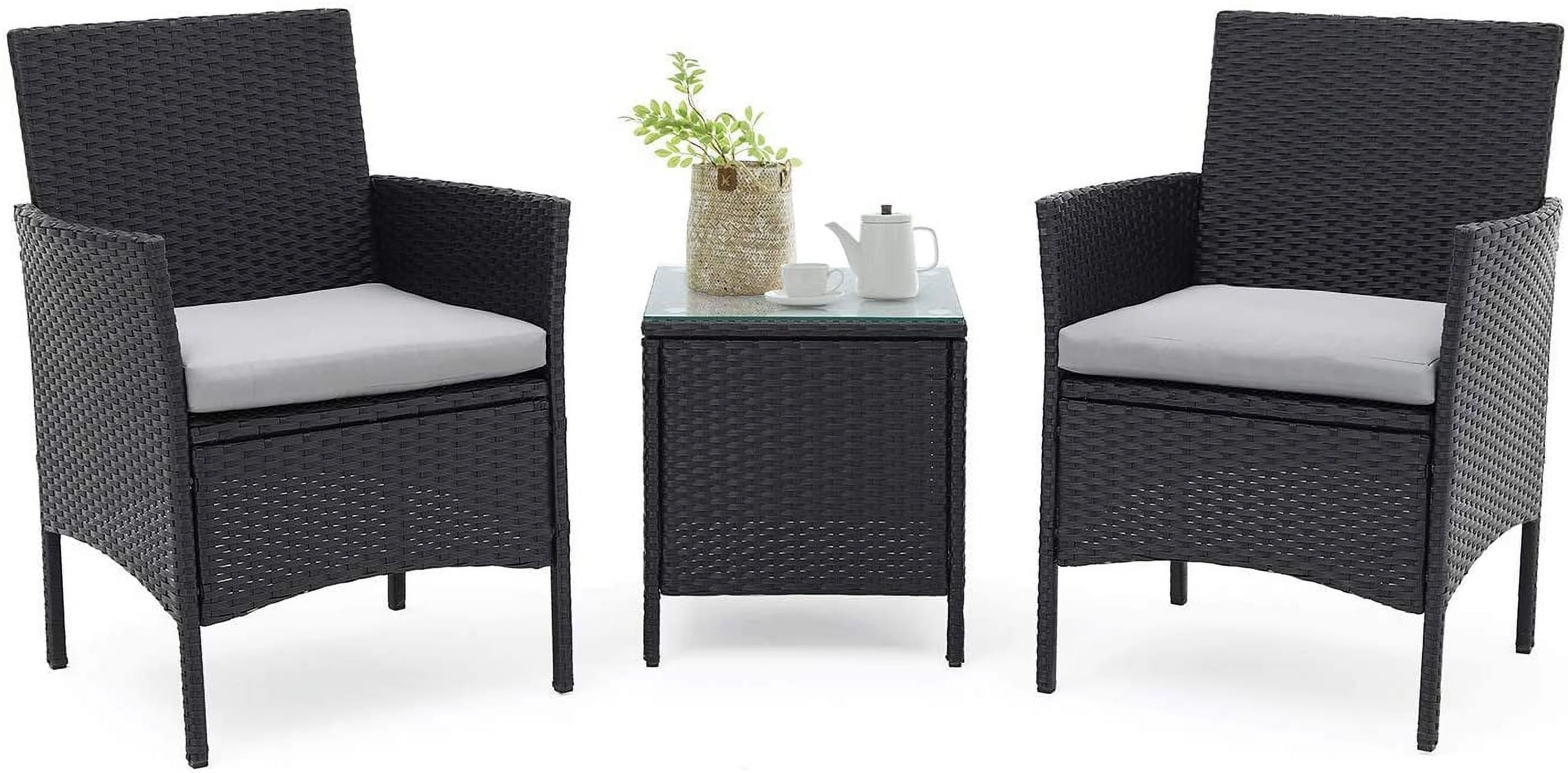 YPDCHB VGYUIJN 3 Pieces Outdoor VGYUIJN Patio VGYUIJN Set PE Black Wicker Patio Chairs with Coffee VGYUIJN for Front Porch  Balcony  Backyard (Blue Cushion)
