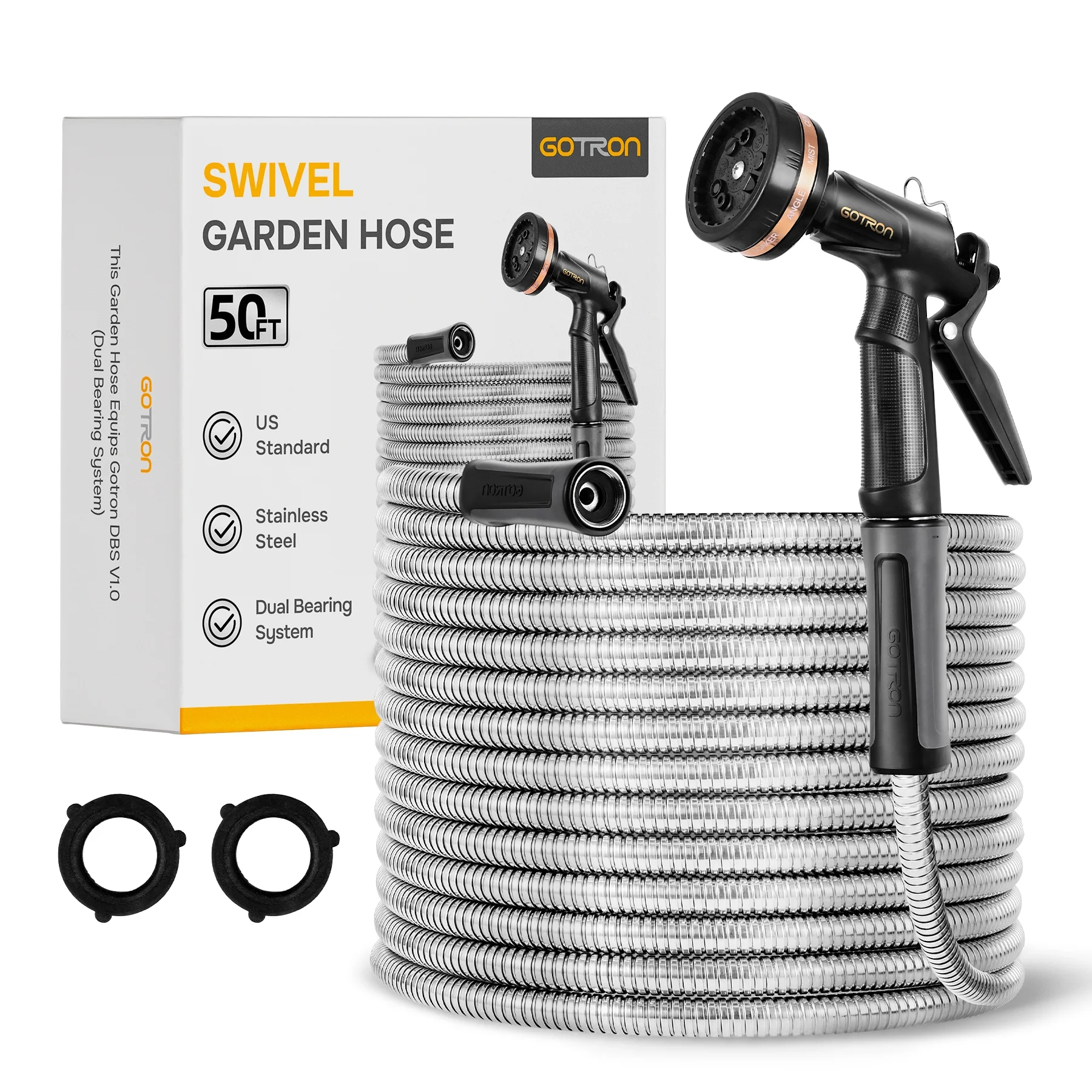Gotron Metal Garden Hose 50ft, Swivel Stainless Steel Water Hose, Kink Free, Flexible and Drinking Water Hose with 9 Function Nozzles for RV, Outdoor, Yard, Lawn, 50ft x 5/8