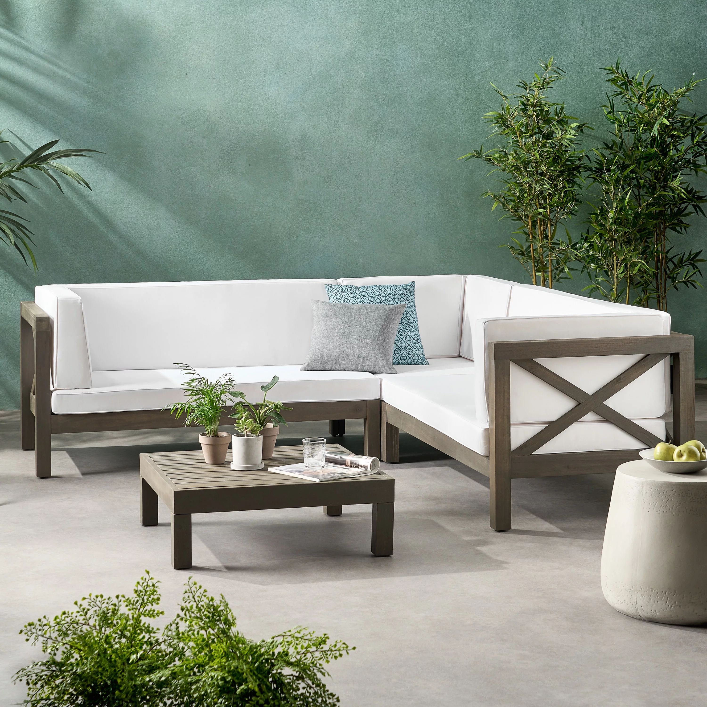 GDF Studio Calle Outdoor Acacia Sectional Sofa and Coffee Table, Gray & White