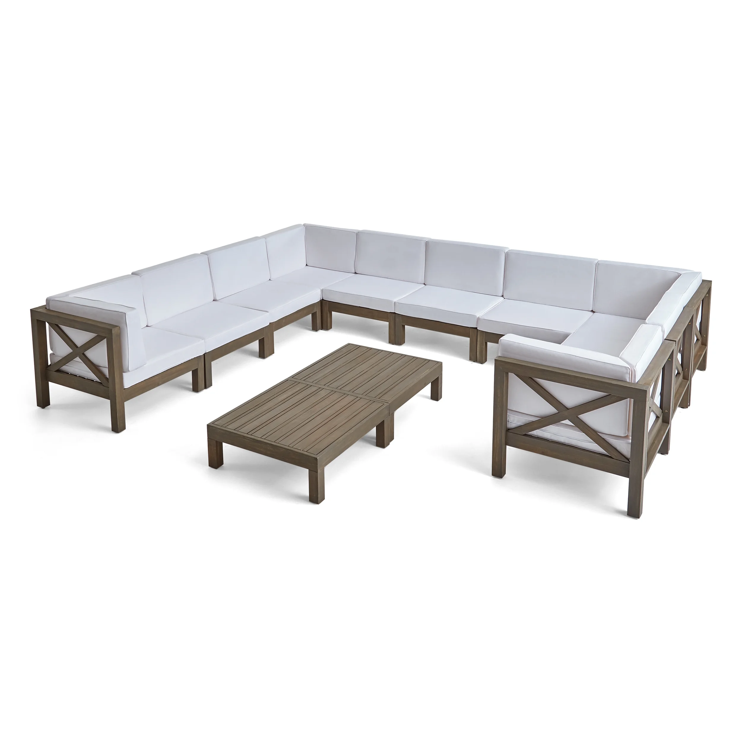 Elisha Outdoor 12 Piece Acacia Wood Sectional Sofa Set with Cushions and Coffee Tables, Gray, White