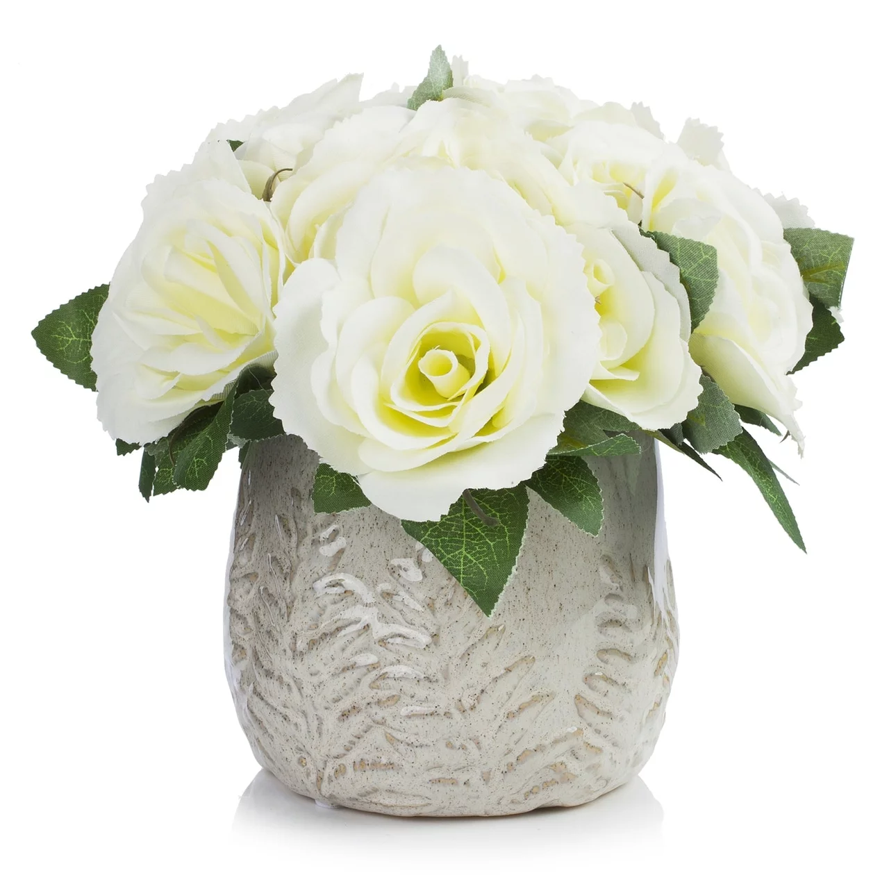 Enova Home  Artificial Velvet Roses Faux Silk Flowers Arrangement in Round Tapered Ceramic Pot for Home Wedding Decoration Cream