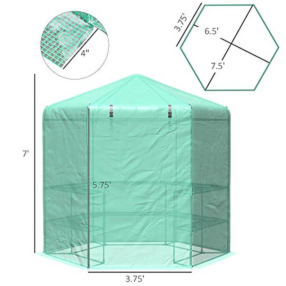 Outsunny Walk-in Greenhouse Outdoor 3 Tier 10 Shelf Warm House Garden Hexagonal Hot House with Roll-Up Zipper Door & Steel Frame