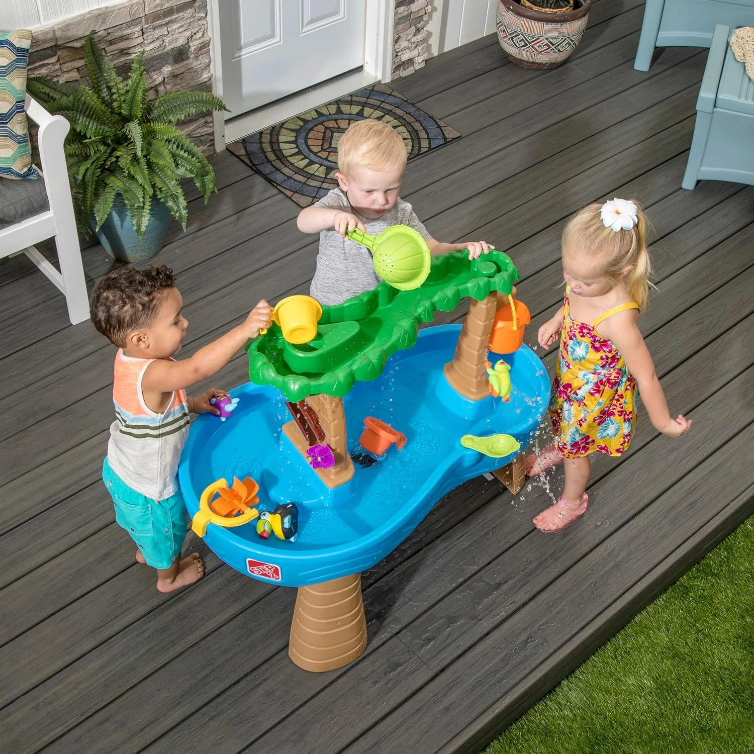 Tropical Rainforest Kids Water Tables, Outdoor Toddler Activity Table, Ages 1.5+ Years Old, 13 Piece Water Toy Accessories, Blue & Green