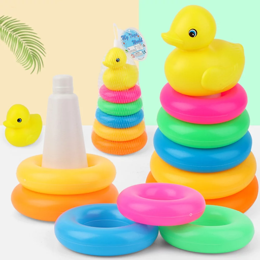 Early Educational Rainbow Tower Stack Circle Duck Ring Puzzle Pyramid (A)