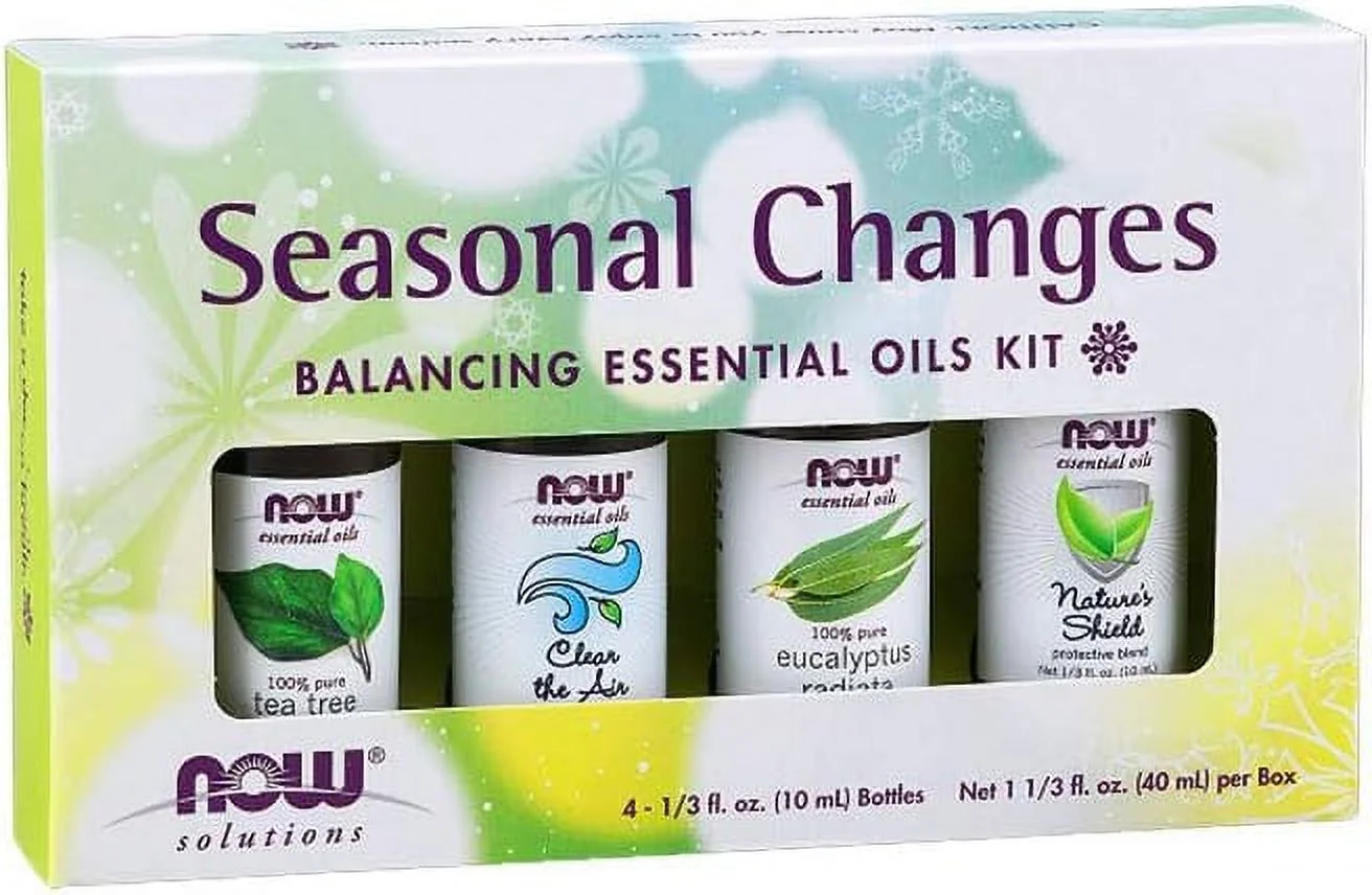NOW Essential Oils, Seasonal Changes Balancing Aromatherapy Kit, 4x10ml Including Tea Tree, Eucalyptus Radiata, Clear the Air and Nature’s Shield Oil Blend With Child Resistant Caps