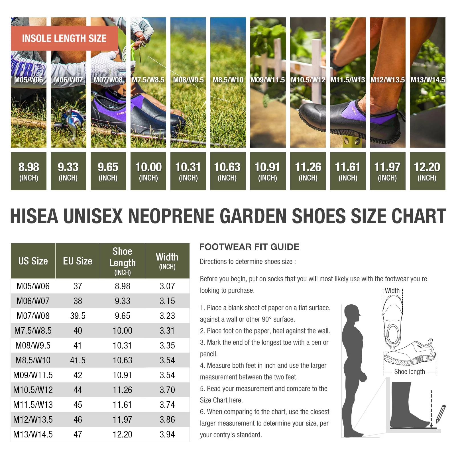 HISEA Unisex Rain Shoes Waterproof Rubber Garden Shoes Slip-on Muck Mud Ankle Rain Boots for Women Men with Comfortable Anti-slip Outsole