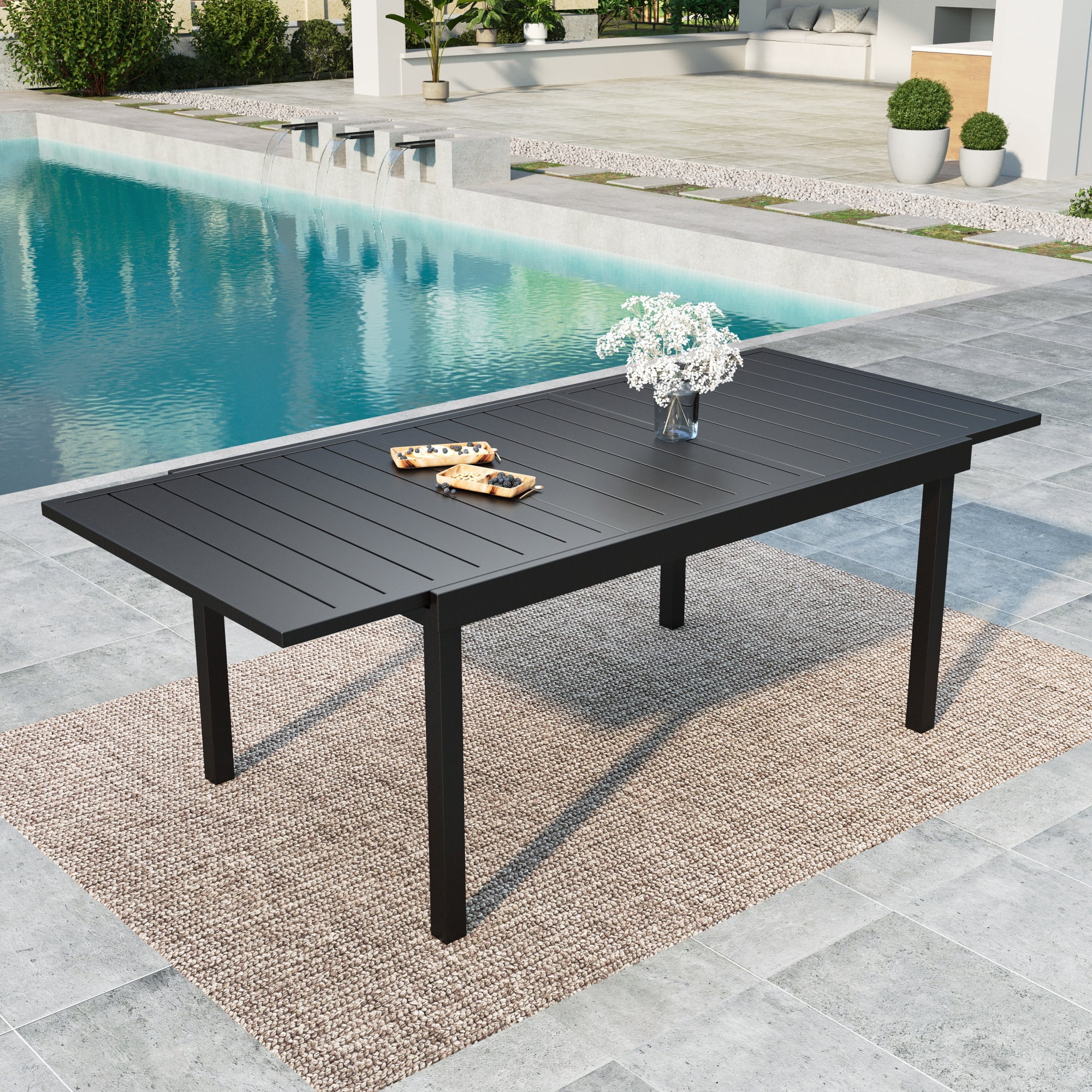 Summit Living 8-Seat Expandable Outdoor Dining Table, Metal Steel,Slatted Table Top, Black