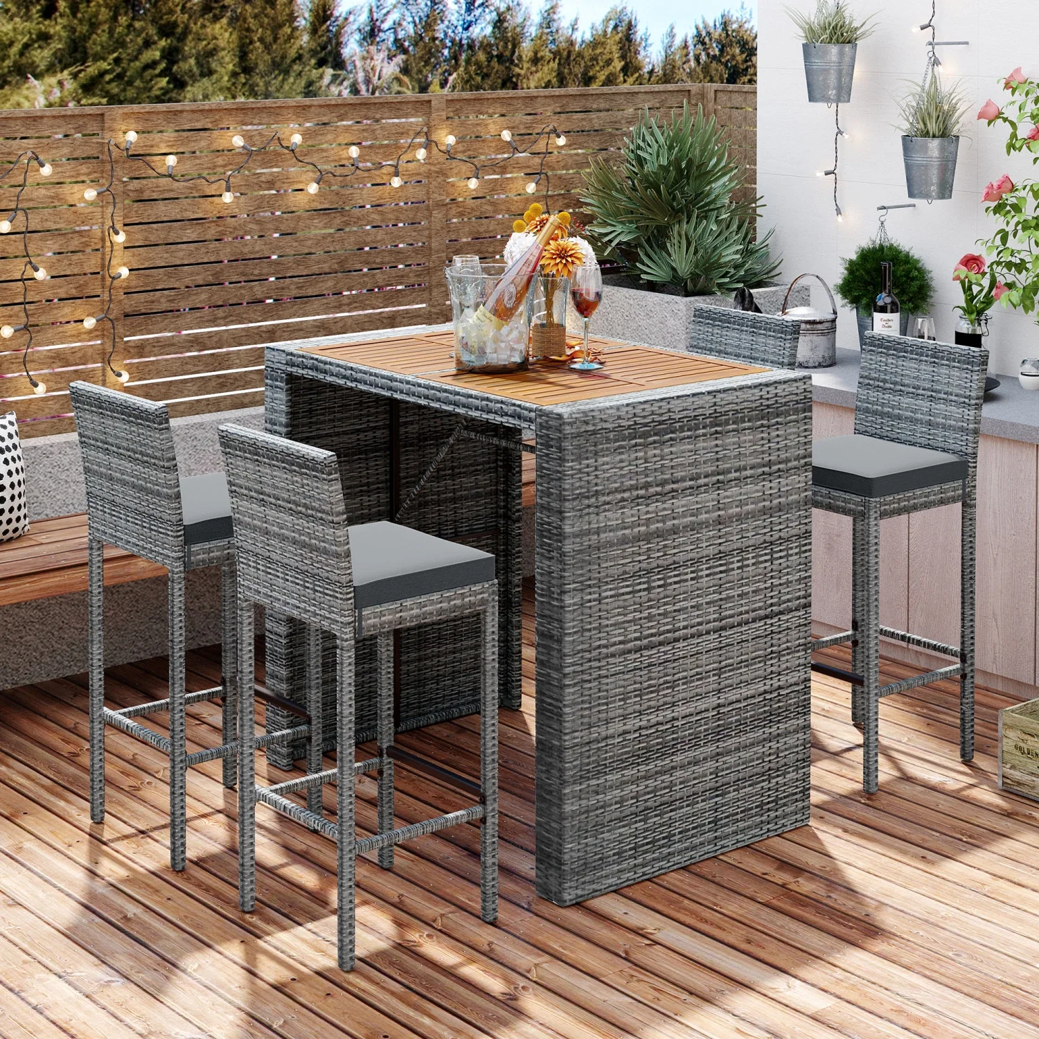5-Piece Elegant Outdoor Patio Wicker Bar Set with Non-Slip Feet and Fixed Rope Design for Bar Height Chairs  Accented with Removable Cushions  Acacia Wood Table Top in Warm Brown and Chic