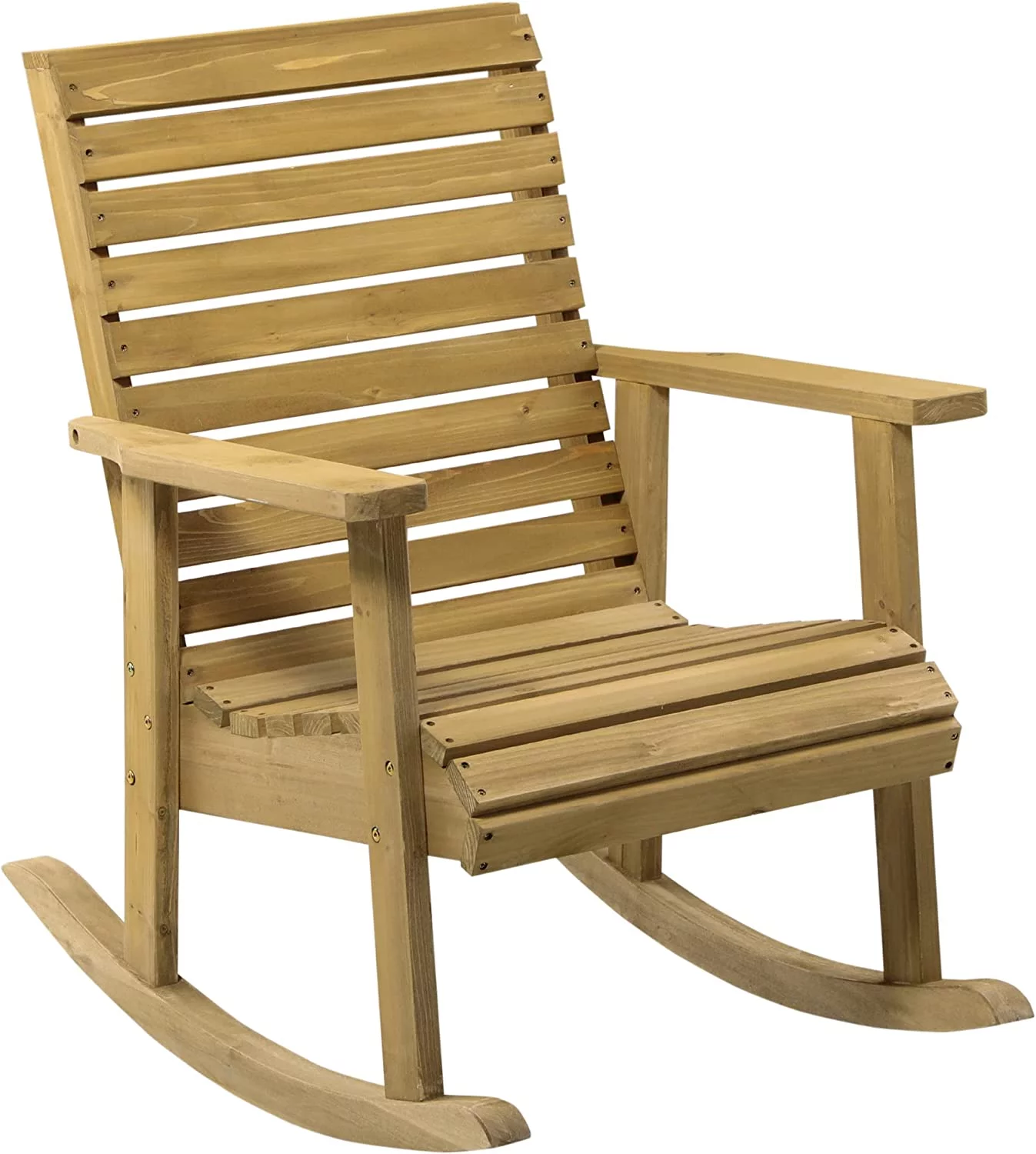 Elegant Wooden Outdoor Rocking Chair, Traditional Slatted Wood Rocker Chair with Armrests and High Backrest for Indoor & Outdoor, Light Brown