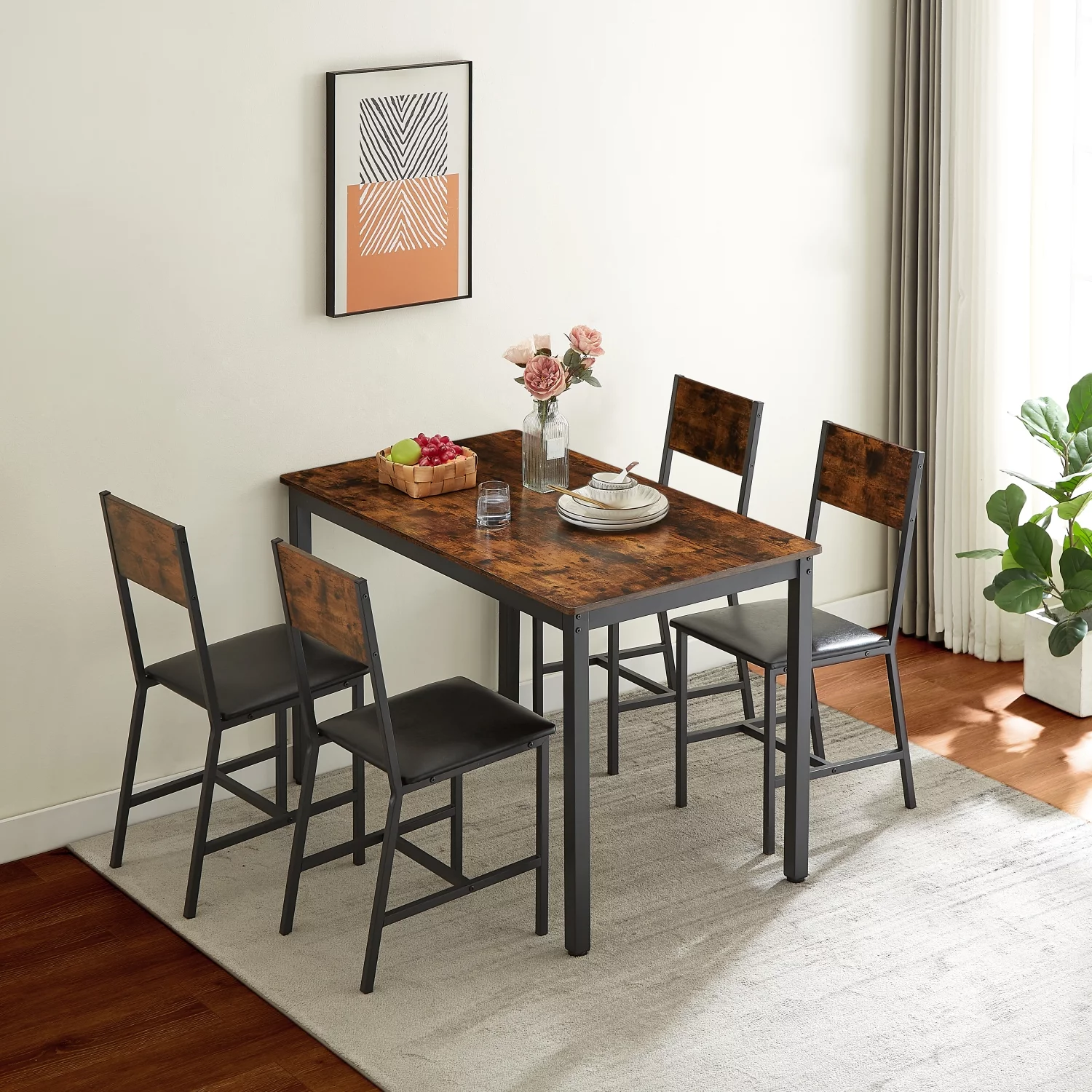 Rustic Brown Upholstered Dining Set for 5 People with 4 Comfortable Chairs  47.2‘‘ L x 27.6‘‘ W x 29.7‘‘ H  Ideal for Kitchen or Dining Room Decor