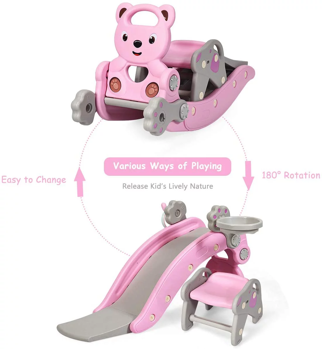 5 in 1 Toddler Slide Rocking Toy, Slide for Kids with Detachable Stool, Basketball Hoop and Ring Game, Foldable Climber Playground Slide for Both Indoors Outdoor Use (Pink Bear)