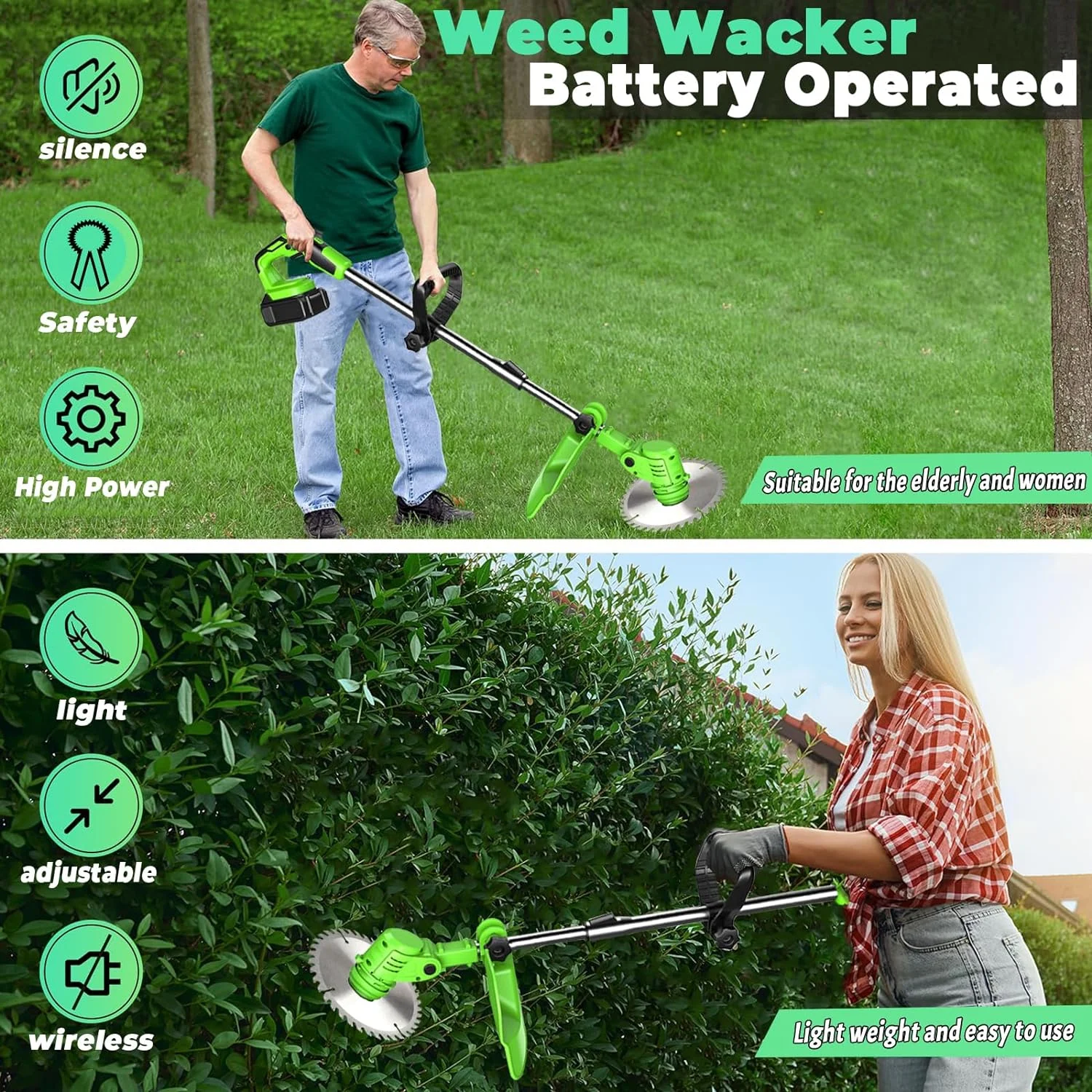 Weed Wacker, 21V 2.0Ah Electric Weed Eater, Weed Wacker Cordless with 4 Types of Blades, Weed Eater Battery Powered with 2 x Battery and Charger, Brush Cutter Retractable Length, Suitable for Garden